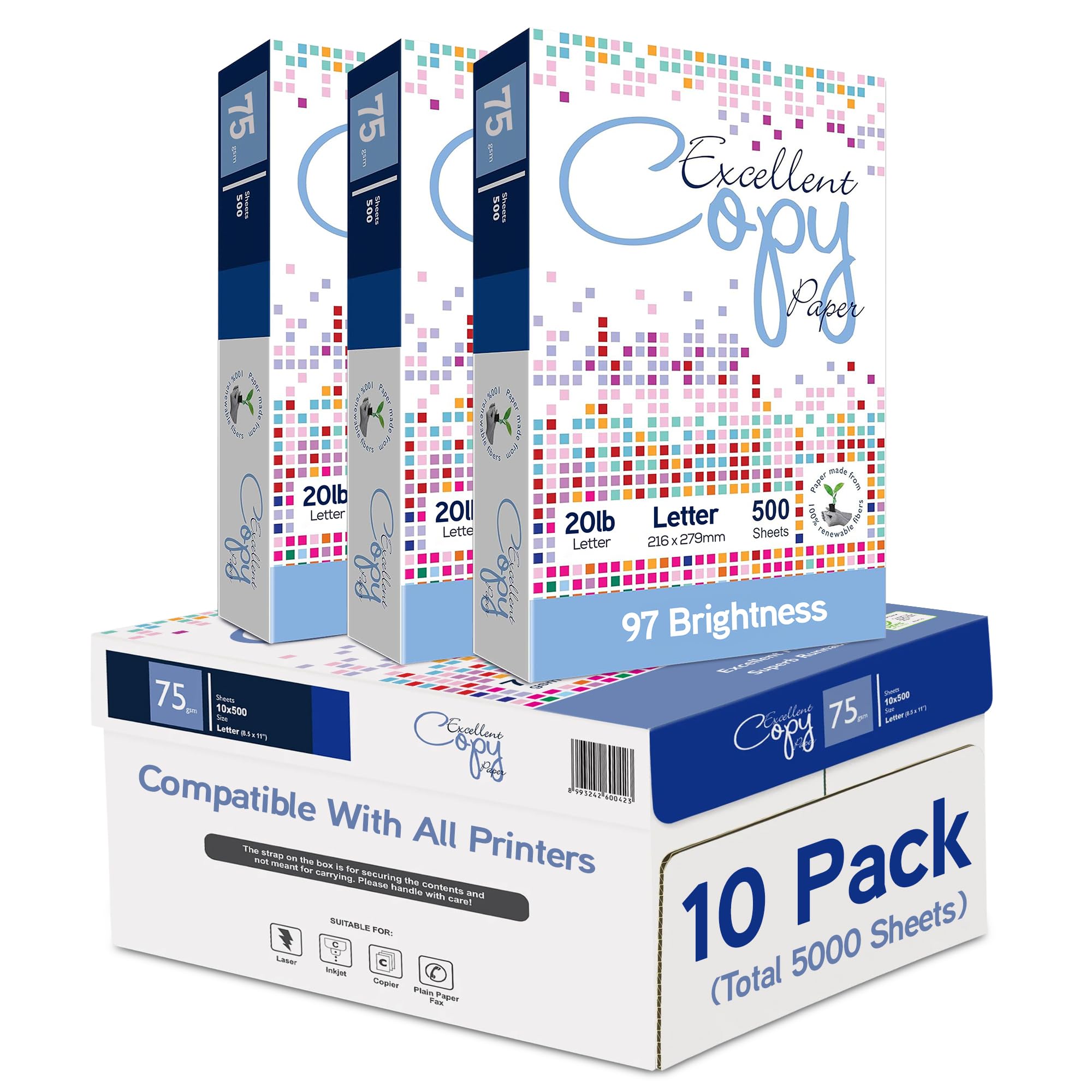 Excellent Copy Paper, 20 lb, Letter Size 8.5” x 11”, 97 Brightness, 5000 Sheets (10 Pack) – 75 GSM Printer Paper for Laser, Inkjet, Copier & Fax – Jam-Free, Smooth Surface, PEFC Ce image 5
