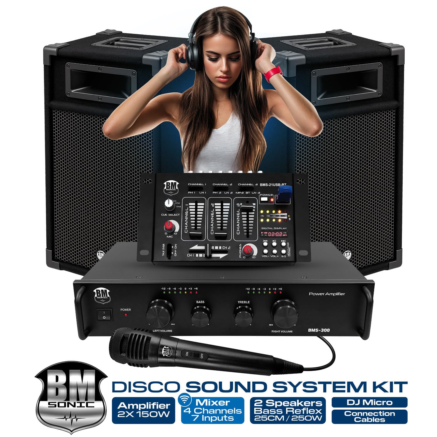 BM Sonic Kit Sonorisation DJ 300W BMS-DJ300 Enceintes Ampli Table de Mixage Bluetooth USB Micro Clé USB 32Go