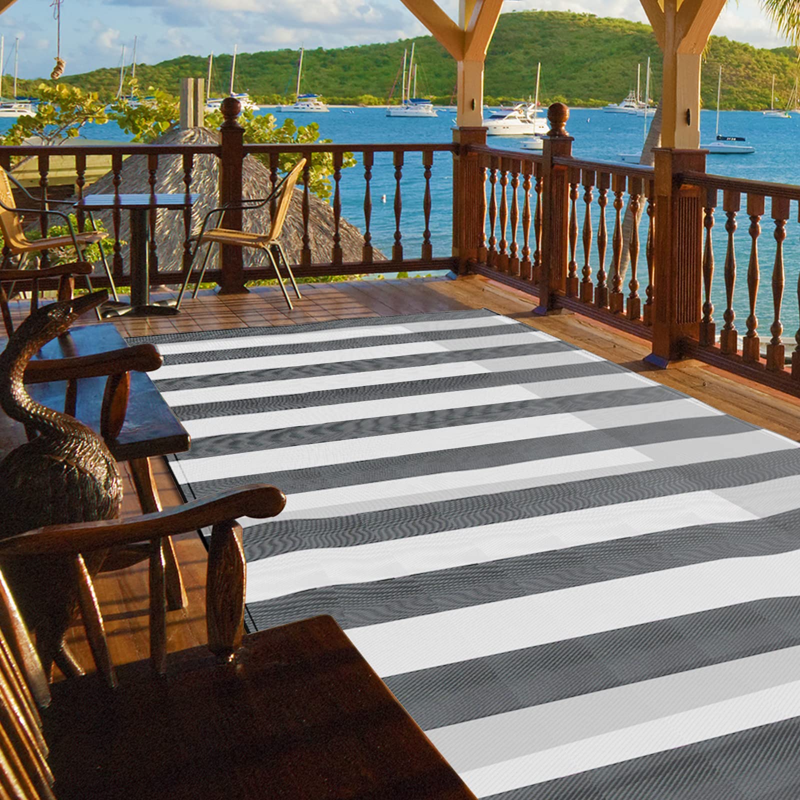 Pcinfuns Plastic Straw Rug,Patio Rugs RV Camping Rug Reversible Mat,9'x12' Large Floor Mat and Rug for Outdoor,Grey and White Stripes