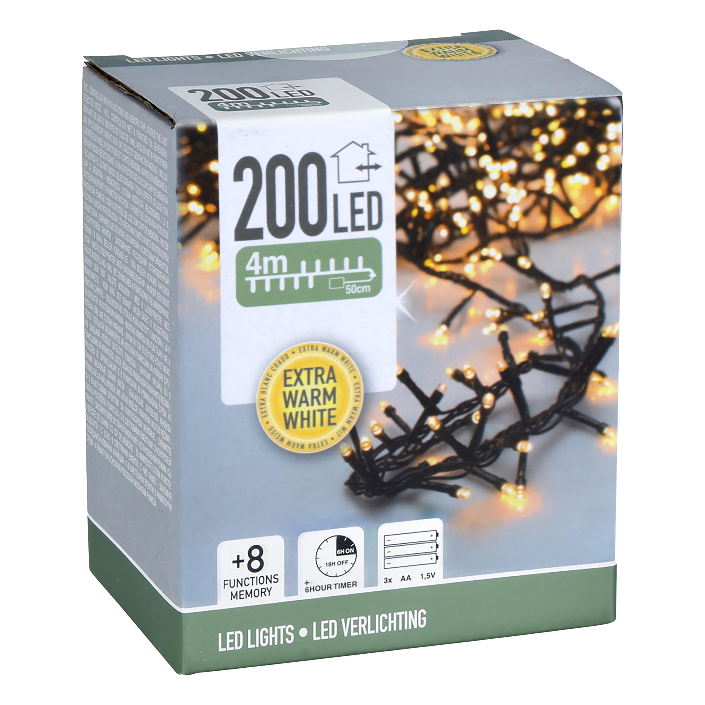 Cadena de luces LED, blanco extra cálido, con 8 funciones de luz, 200 LED a 4 m, luces de Navidad con chip de memoria, luces decorativas para interiores y exteriores