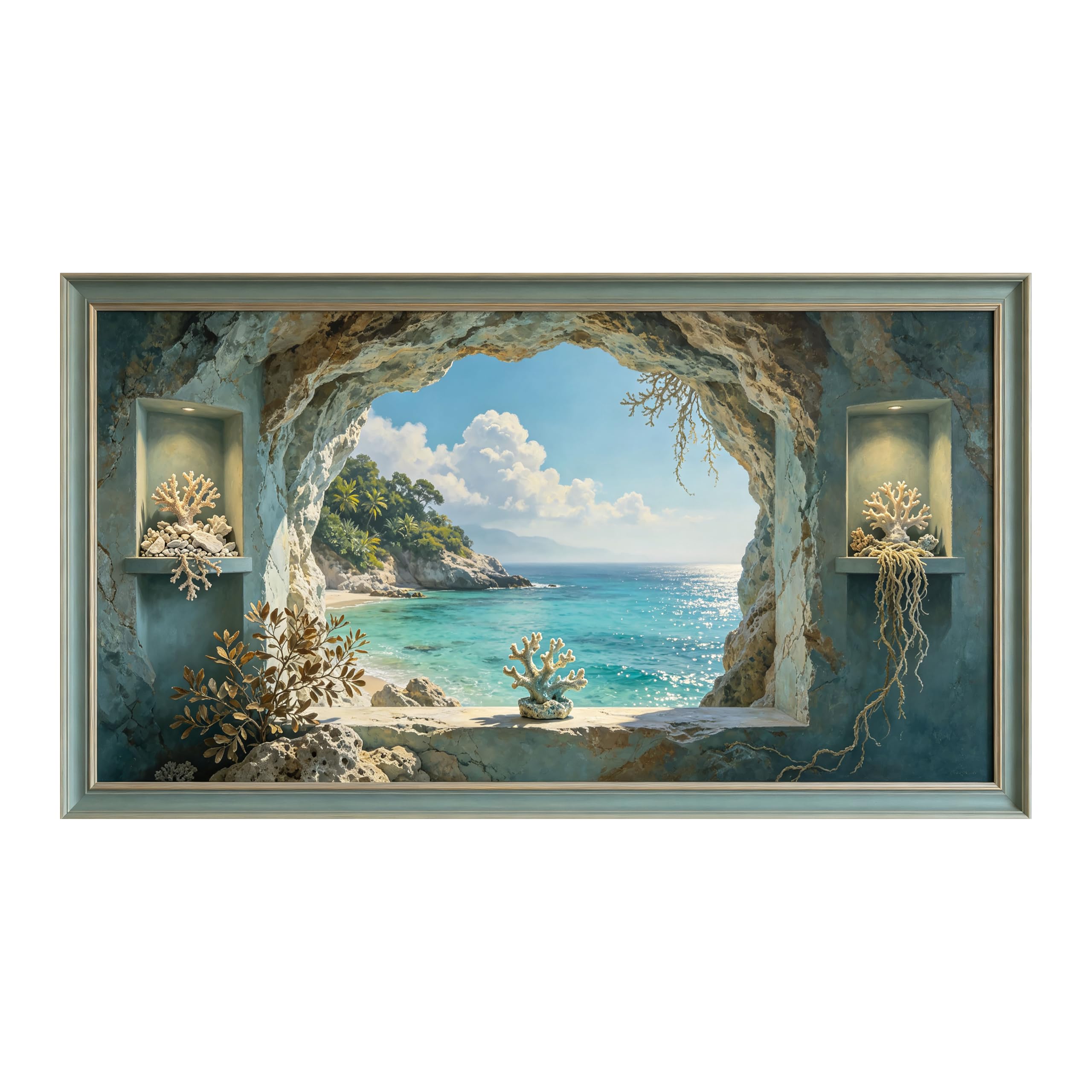 Yzpallescene 3D Framed Wall Art Coastal Seascape Cave Window View Tropical Ocean Fresco Large Size SelfAdhesive Removable Wall Decor Prints Artwork for Living Room Bedroom Office