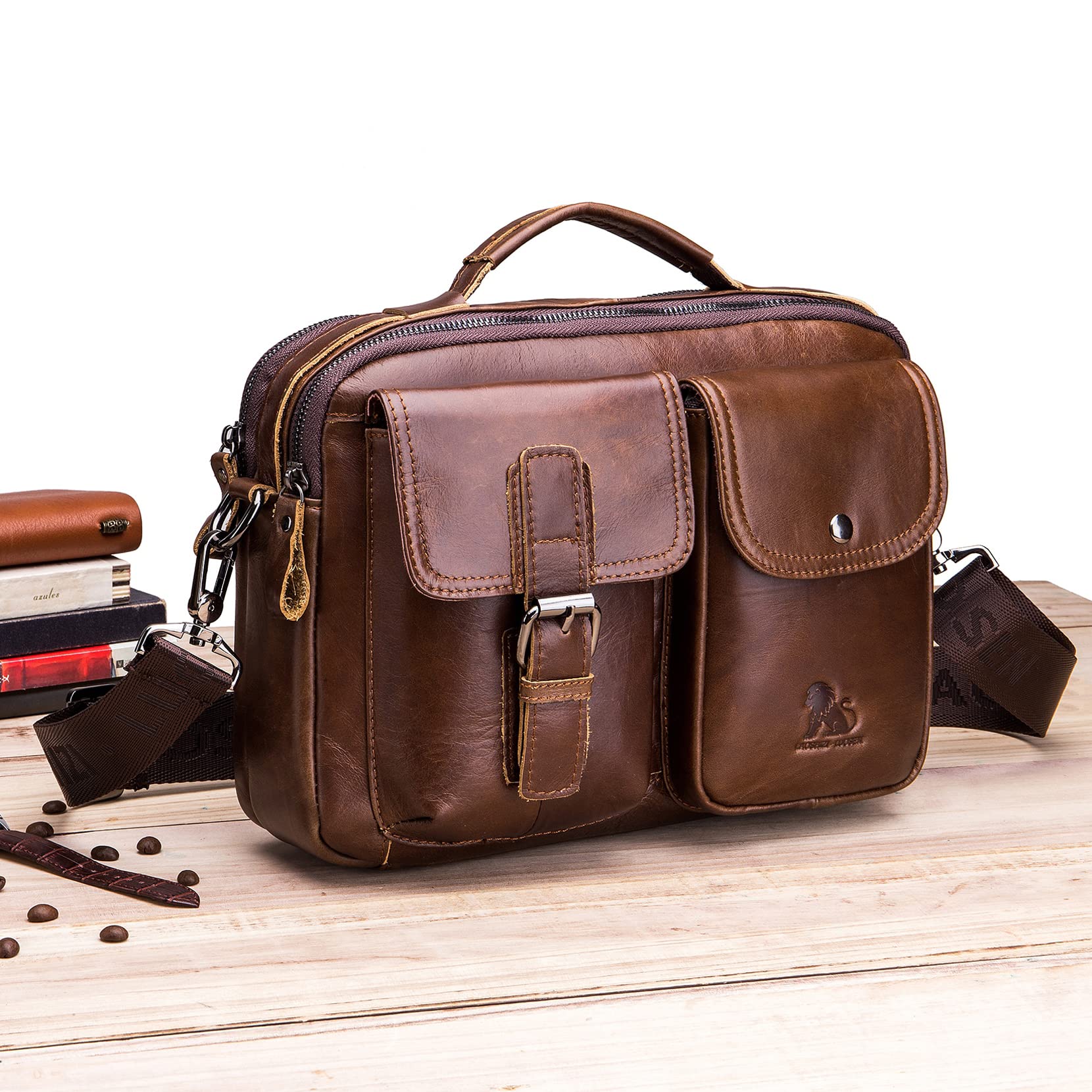 Bolsa de Hombro de Negocios Bolso Cuadrado de Cuero Para Hombre Bolso Colgante Vintage de Moda Viajes de Estudio Bolso de Bolsillo Multifuncional
