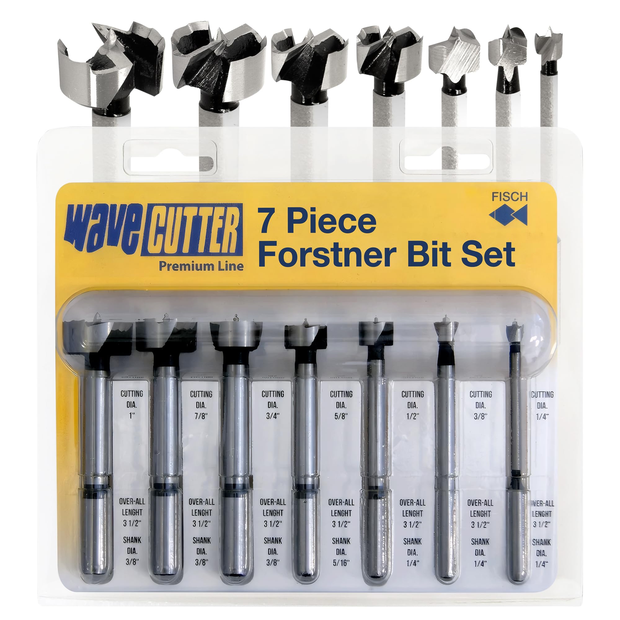 Fisch Fsa-280323 1/4-Inch-1-Inch Diameter Cylinder Shank Wave Cutter Forstner Bit In Blister, 7-Piece