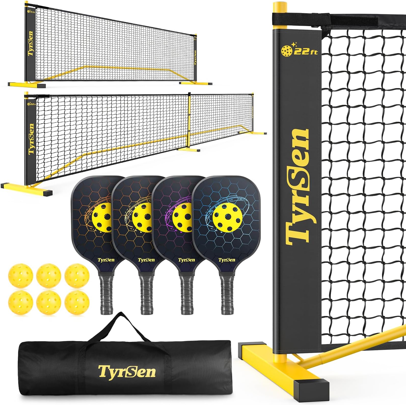 TYRSEN Pickleball Net Set 22ft Driveway Backyard 4 Pickleball Paddles and 6 Cucumber Balls Portable Pickleball Play Net System with Carry Bag