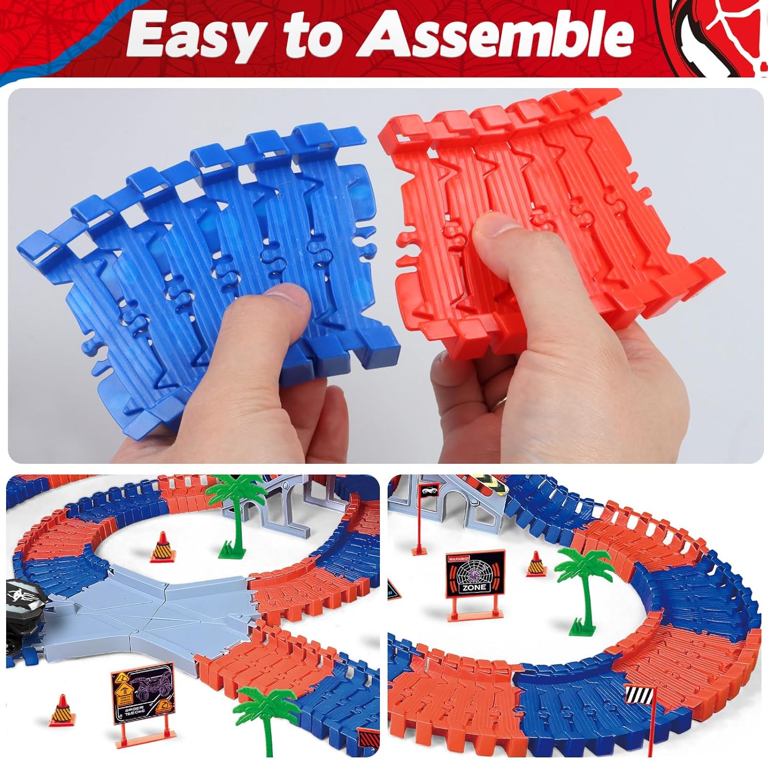 Aooess Toys for 3-8 Year Old Boys: 212 PCS Spider Construction Race Tracks for Kids Gifts for 3 4 5 6 7 8 Year Old Boys Girls Toy Presents Flexible Race Tracks Cars Gift Set with 2 Electric Cars