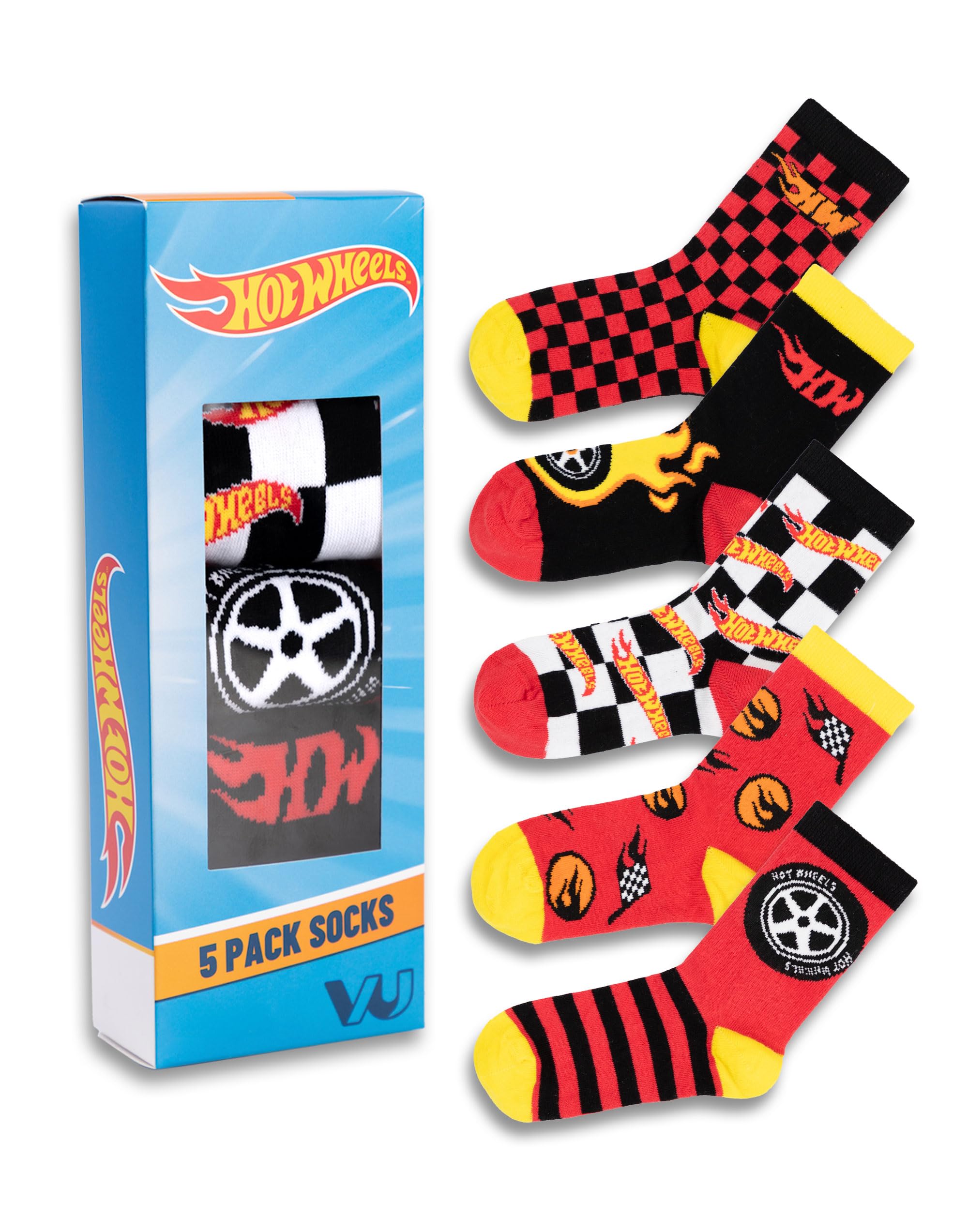 Hot Wheels Boys Multicoloured Calf Socks Set Of 5 | Red, Black & Yellow Striped, Checkered Designs | Flames & Checkerboard Patterns | Everyday Wear, Sports Socks For Kids - 6-8.5 Uk Child