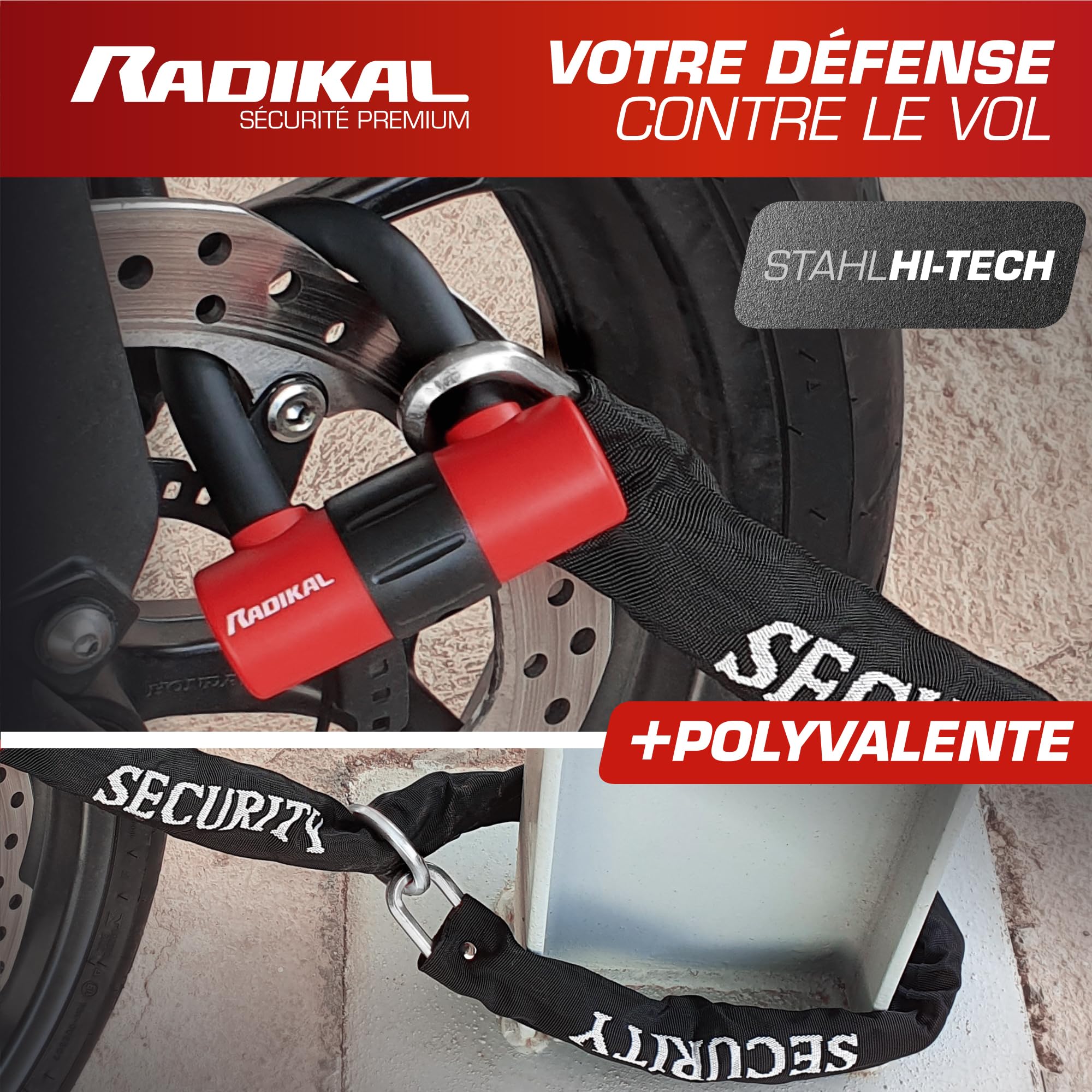 RADIKAL RK72120L Bloque Disque Mini U, Chaîne Moto Antivol, ø10mm 120cm, Boucle, Chaine Antivol Acier Cémenté, Boucle, Ancrage Parking, Verrouillage Sécurité Scooter, Blocage Vélo Électrique