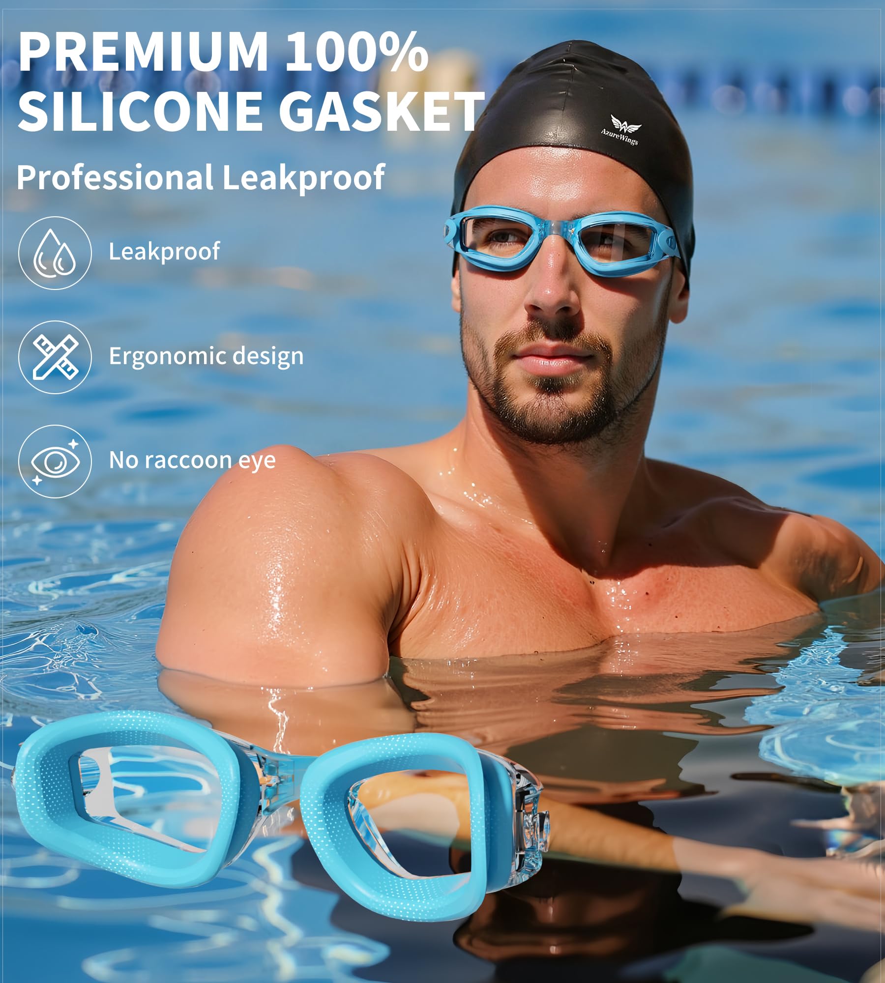 Occhialini da nuoto + cuffia da nuoto per uomo e donna, occhialini da nuoto senza perdite, anti-appannamento e UV, lenti a specchio HD Wide Visio in policarbonato