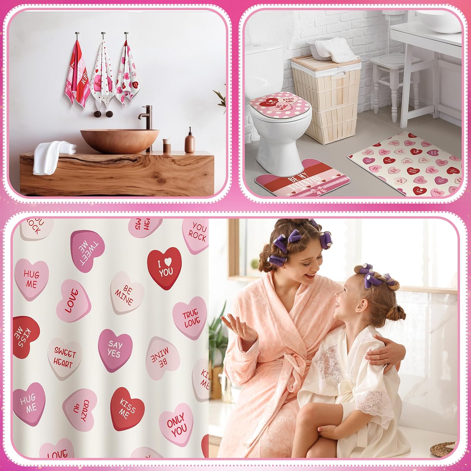 HunnmingRe 7 Pcs Valentines Day Bathroom Decor Valentine Shower Curtain Set Rustic Farmhouse Love Heart Waterproof Shower Curtain with Non Slip Rug Towel Toilet Lid Cover Bath Mat and 12 Hook for Home image 5