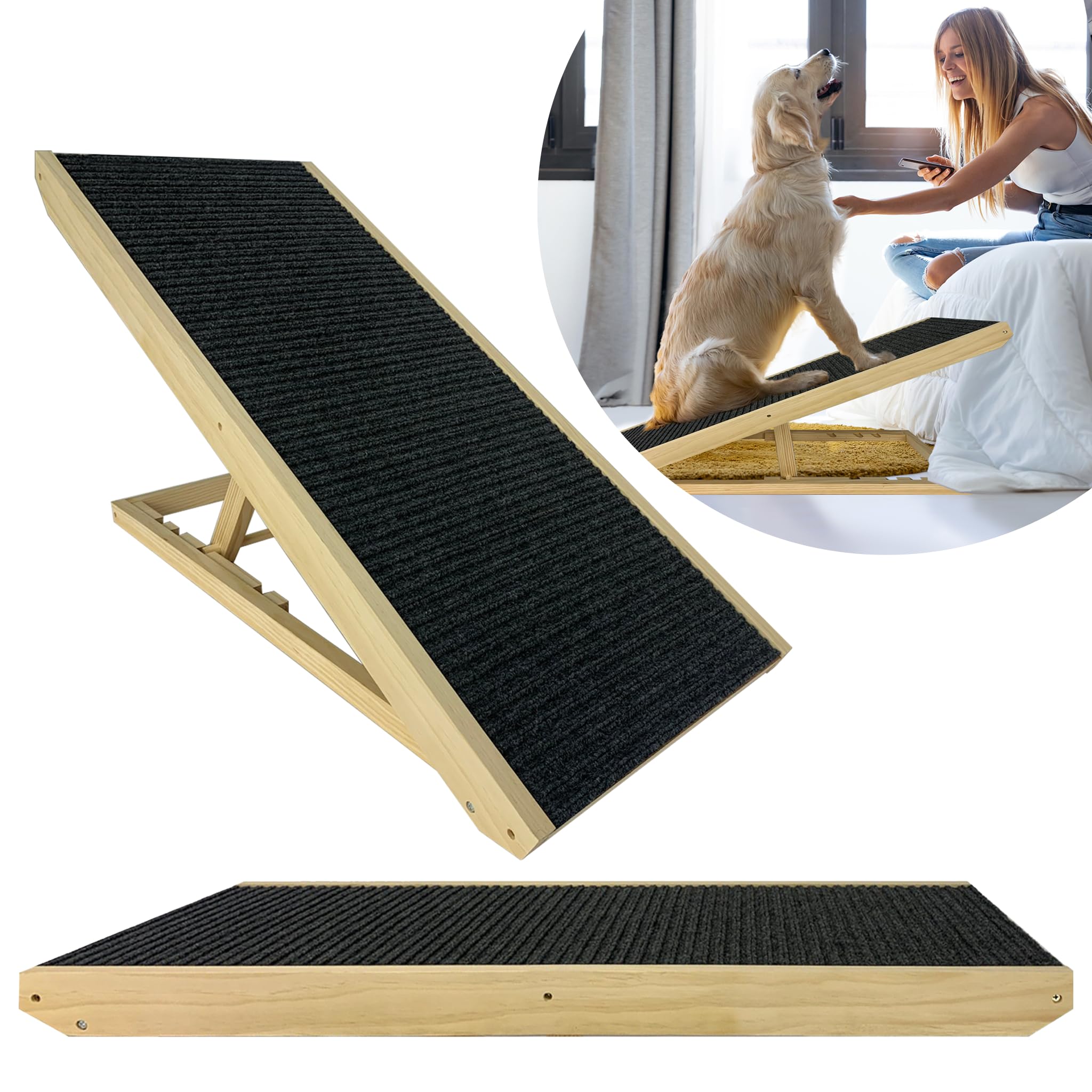 VA-Cerulean Rampa para perros de madera, plegable, escalera para perros, altura regulable, escalera para perros para cama sofá, 60 cm de alto, escalera antideslizante para perros y gatos, capacidad de
