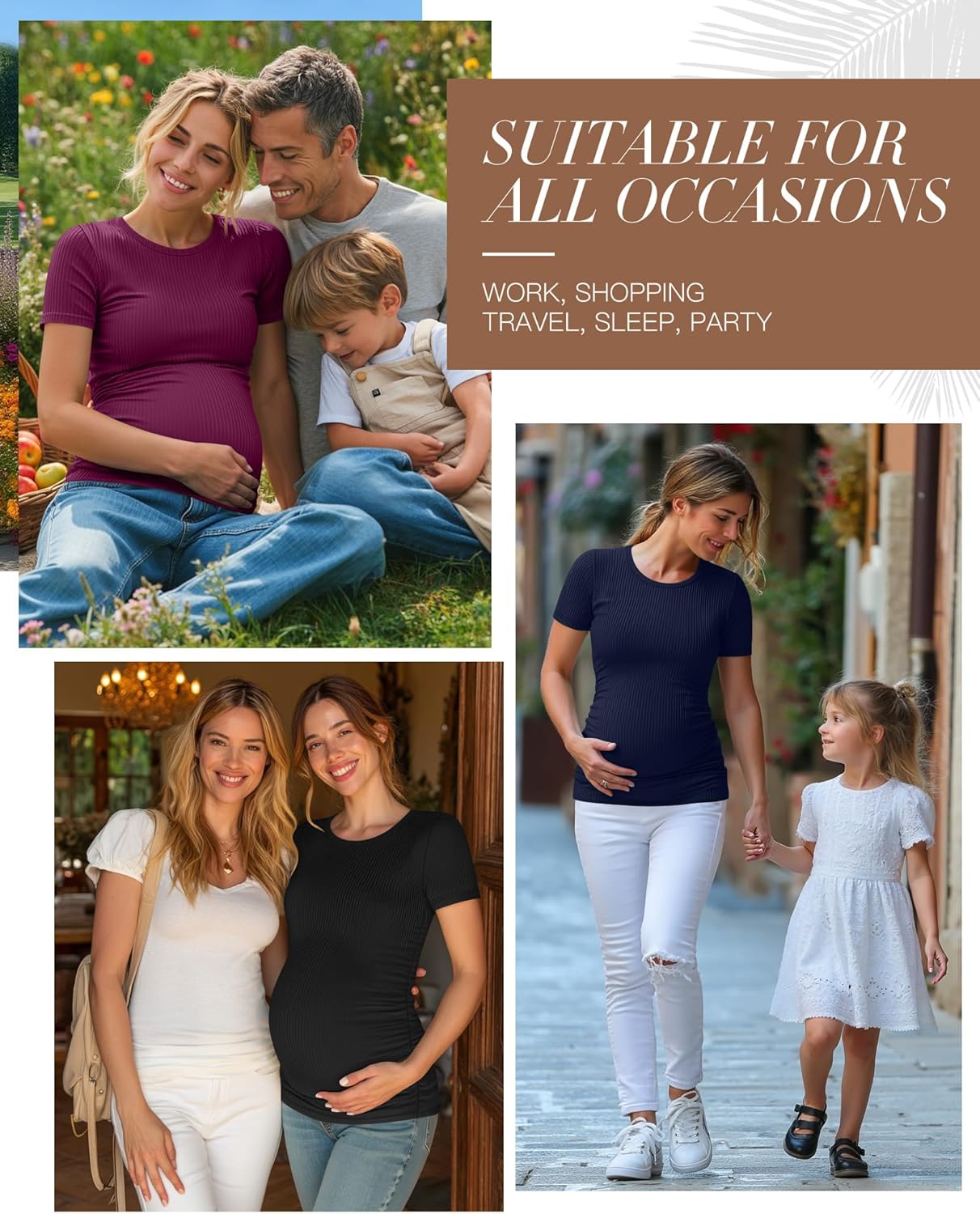 Neer 4 Pack Women's Maternity Shirts Ribbed Short Sleeve Maternity Tops Crew Neck Cotton Tee Side Ruched Pregnancy Clothes - Image 5