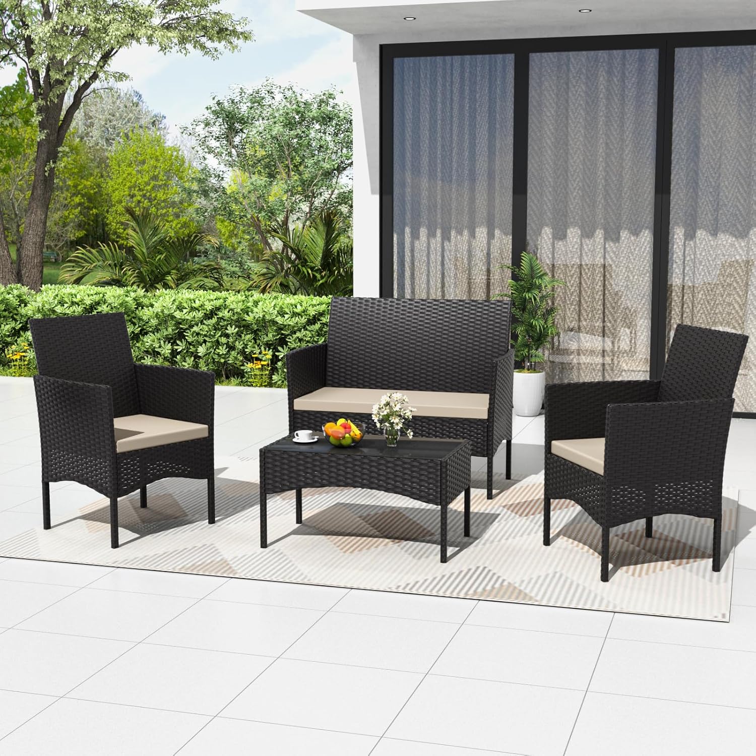 4 Piece Patio Rattan Conversation Set, Outdoor Rattan Chair Wicker Furniture Set, Couple Seats and Tempered Glass Table,Comfort Seat for Patio, Pool or Backyard