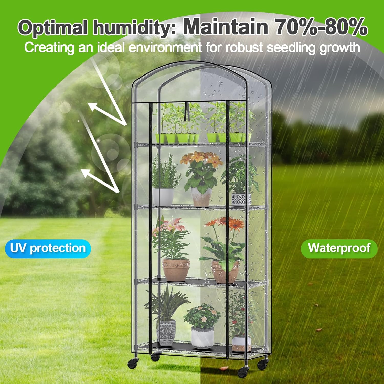 Abimars 4-Tier Greenhouse with Wheels, Height-Adjustable Shelves Metal Plant Shelf with PVC Cover for Seed Starting Trays, Seedling Pots, Plant Pots, 13x29x73inch
