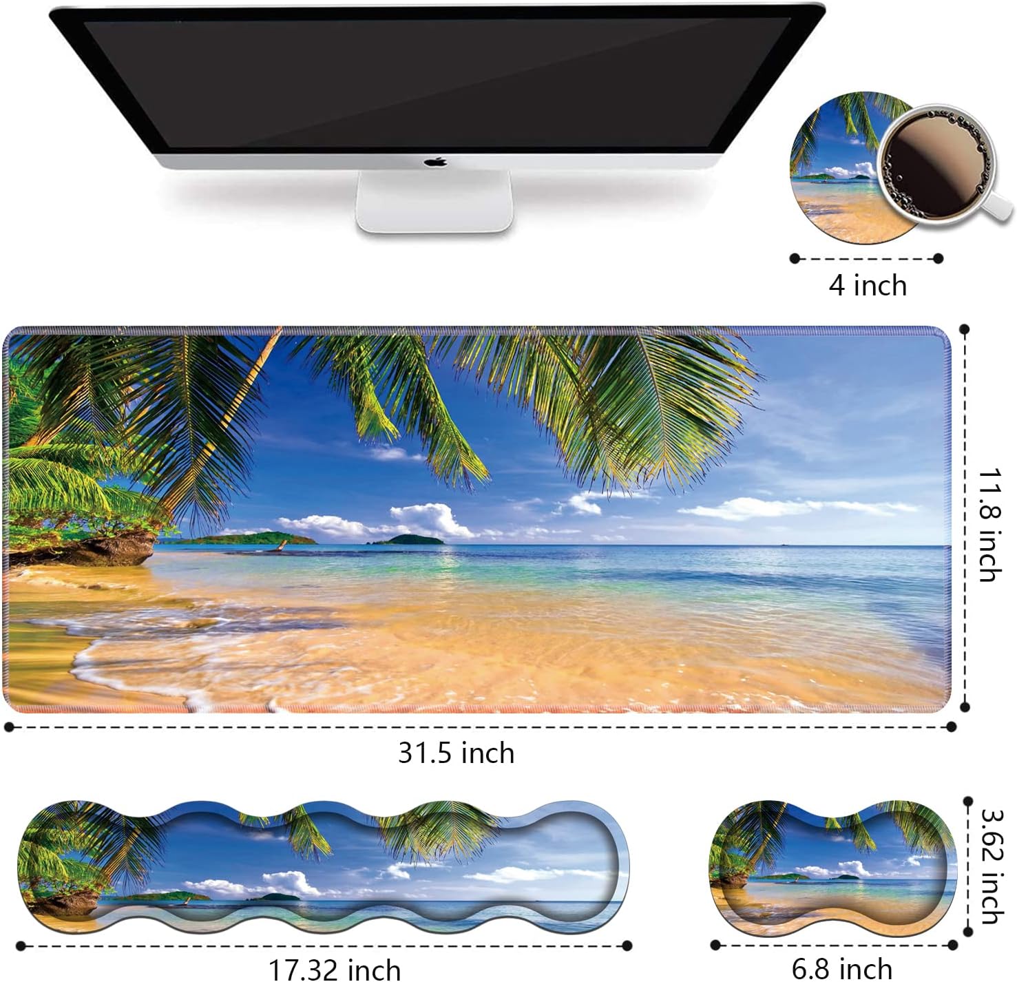 Ergonomic Keyboard Wrist Rest & Mouse Pad Wrist Rest Set, Large XXL Gaming Desk Mat 31.5"x 11.8", Non-Slip Base, Memory Foam, Easy Typing Pain Relief for Office & Home, Shore Palms Tropical Beach