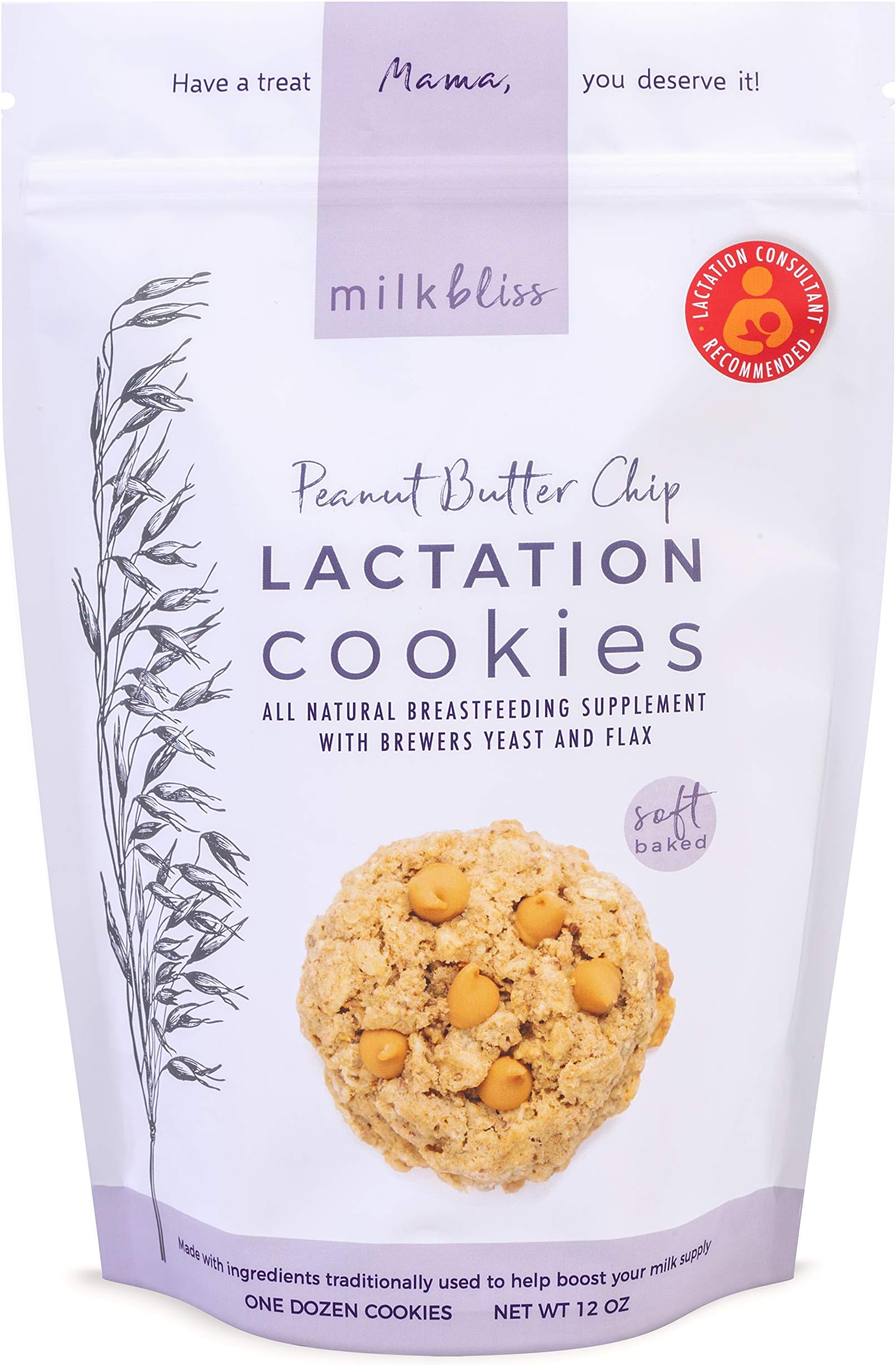 Peanut Butter Chip Soft Baked Lactation Cookies for Breastfeeding, All Natural and GMO Free Lactation Boosting Ingredients! Oats, Flaxseed, Brewers Yeast. 12 Count.