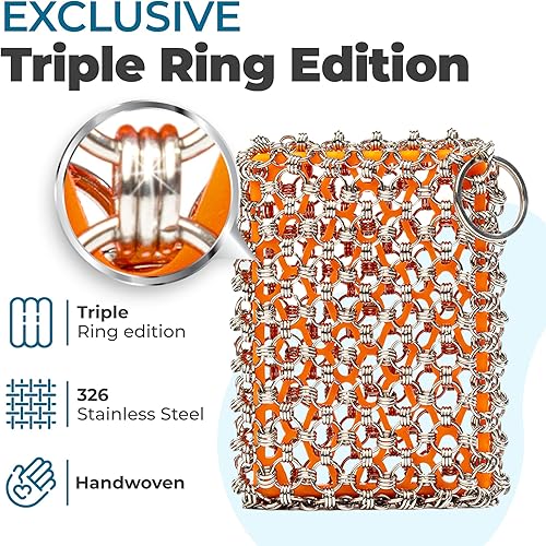 Miniatura 2 de Limpiador de hierro fundido, esponja de hierro fundido, acero inoxidable 316, malla de triple anillo, limpiador perfecto para sartenes de hierro