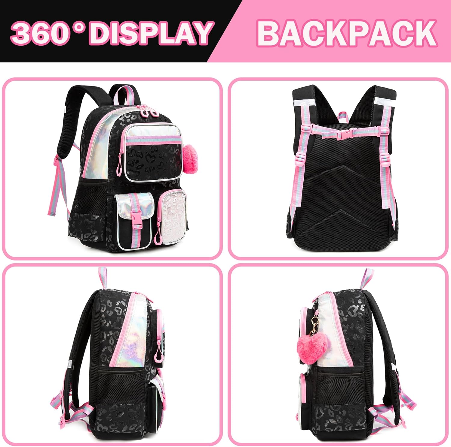 Meetbelify Cute Black School Backpack for Girls Aesthetic Backpacks for Elementary Student Teen Girls School Bag Kids Travel Bookbag for Girls Ages 8-10