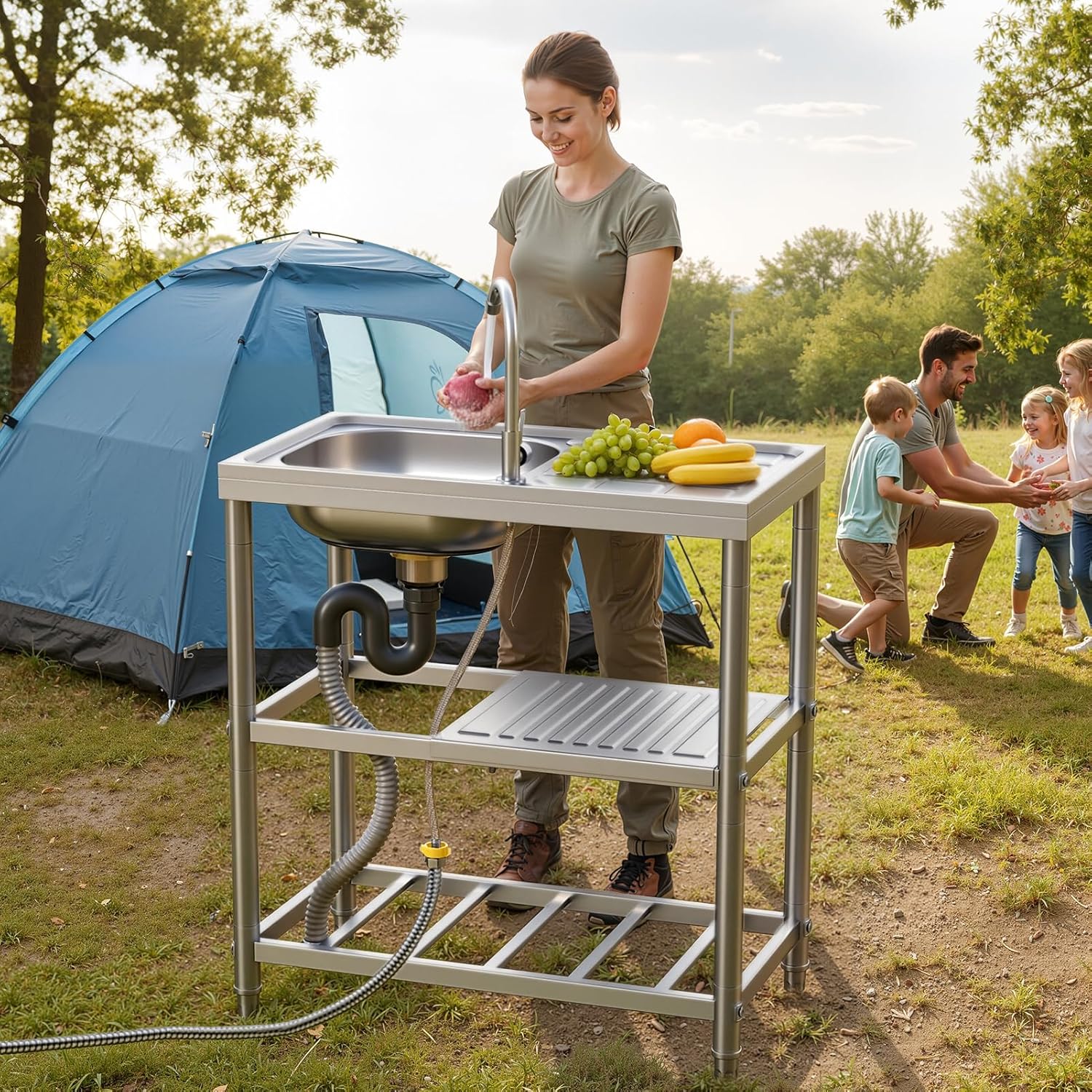 Outdoor Sink, 3-Tier Freestanding Stainless Steel Single Bowl Sink with Drainboard & Storage Shelf for Laundry, Garage, Kitchen, Bar and Backyard Stainless Steel