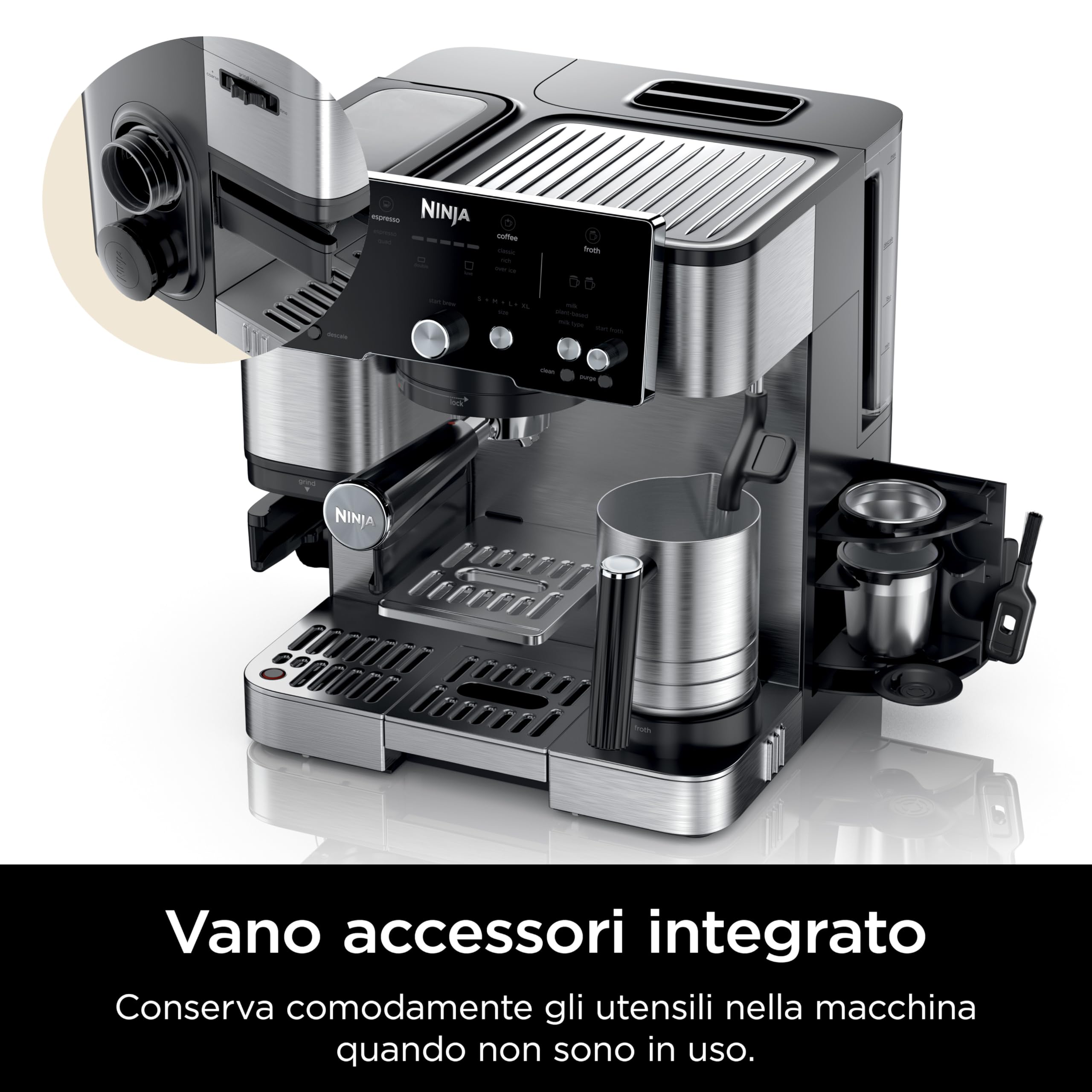 Ninja Luxe Essential Macchina da Caffè 2 in 1, Macchina per Latte, Cappuccino ed Espresso con Macinacaffè Integrato e Montalatte, Facile da usare, 2 Programmi Automatici per Schiuma, Argento, ES501EU