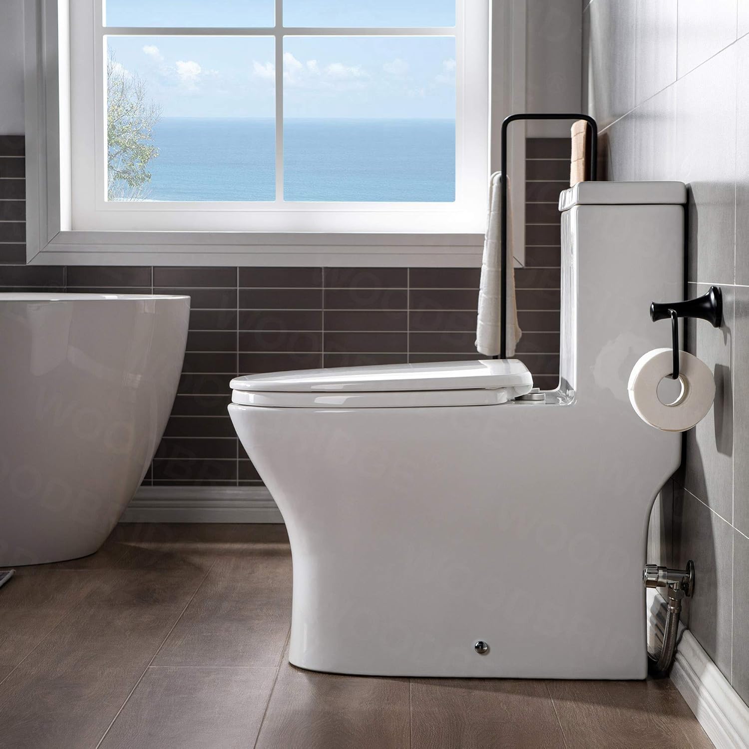 WOODBRIDGEE Modern Elongated One piece Toilet Dual flush 1.0/1.6 GPF,with Soft Closing Seat,1000 Gram MaP Flushing Score Toilet with Brushed Nickel Button B0750-BN, White