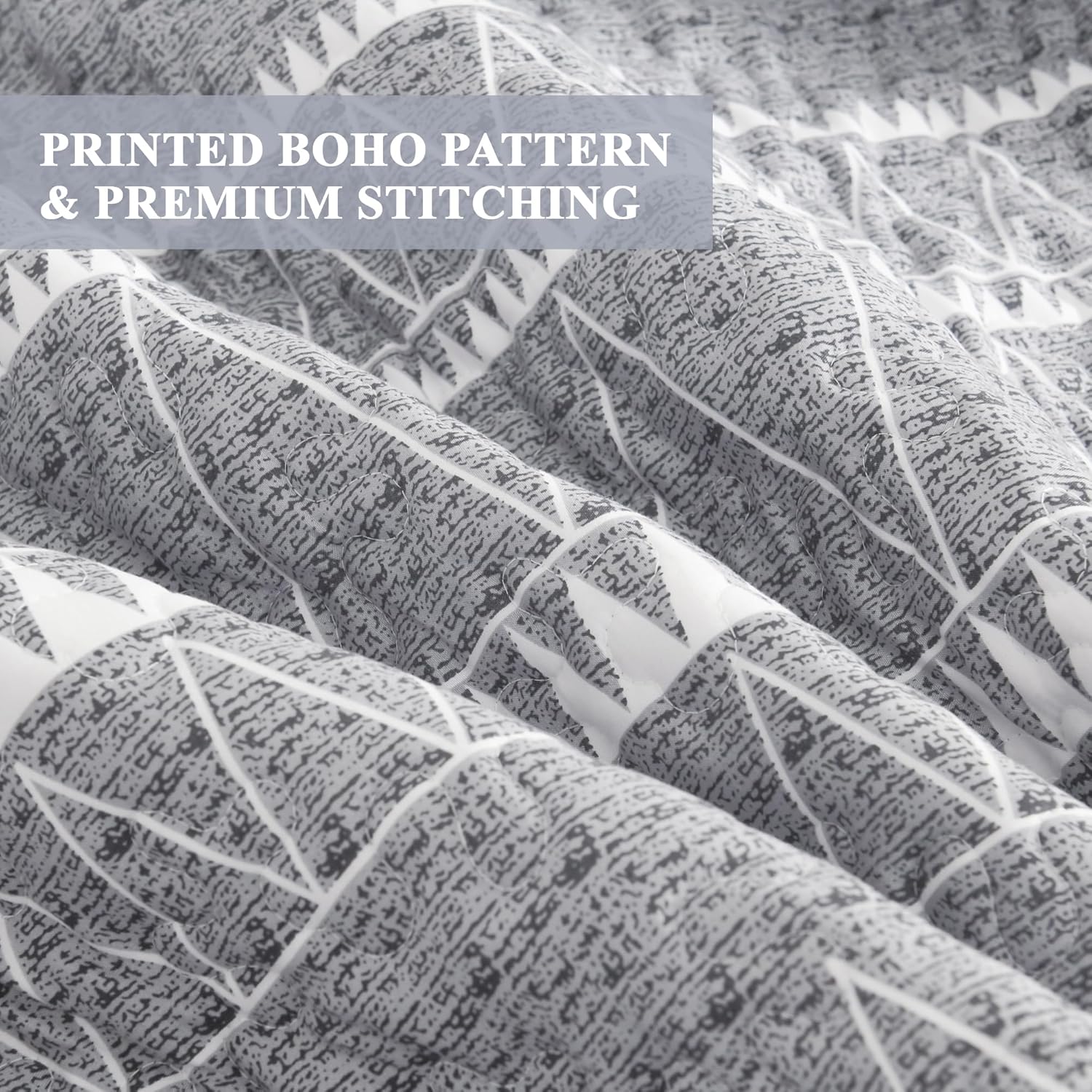 Andency Grey Queen Quilt Bedding Set, 3 Pieces (1 Striped Boho Printed Quilt 90x96 Inch and 2 Pillowcases), Bohemian Summer Lightweight Reversible Microfiber Bedspread Coverlet Sets - Image 6