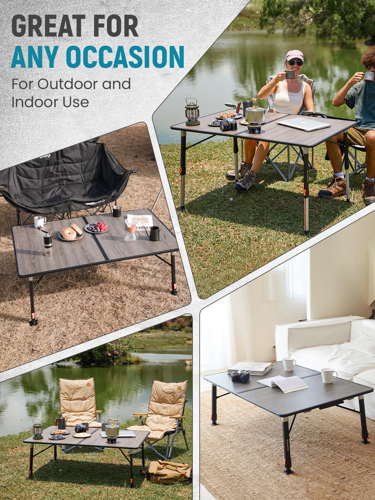 KingCamp Großer Outdoor-Klapptisch mit Glasfaserplatte, Ultraleicht & flexibel höhenverstellbar (42–70 cm), robuster Alurahmen, ideal für Camping, für 4–6 Personen, Tragkraft bis 80 kg