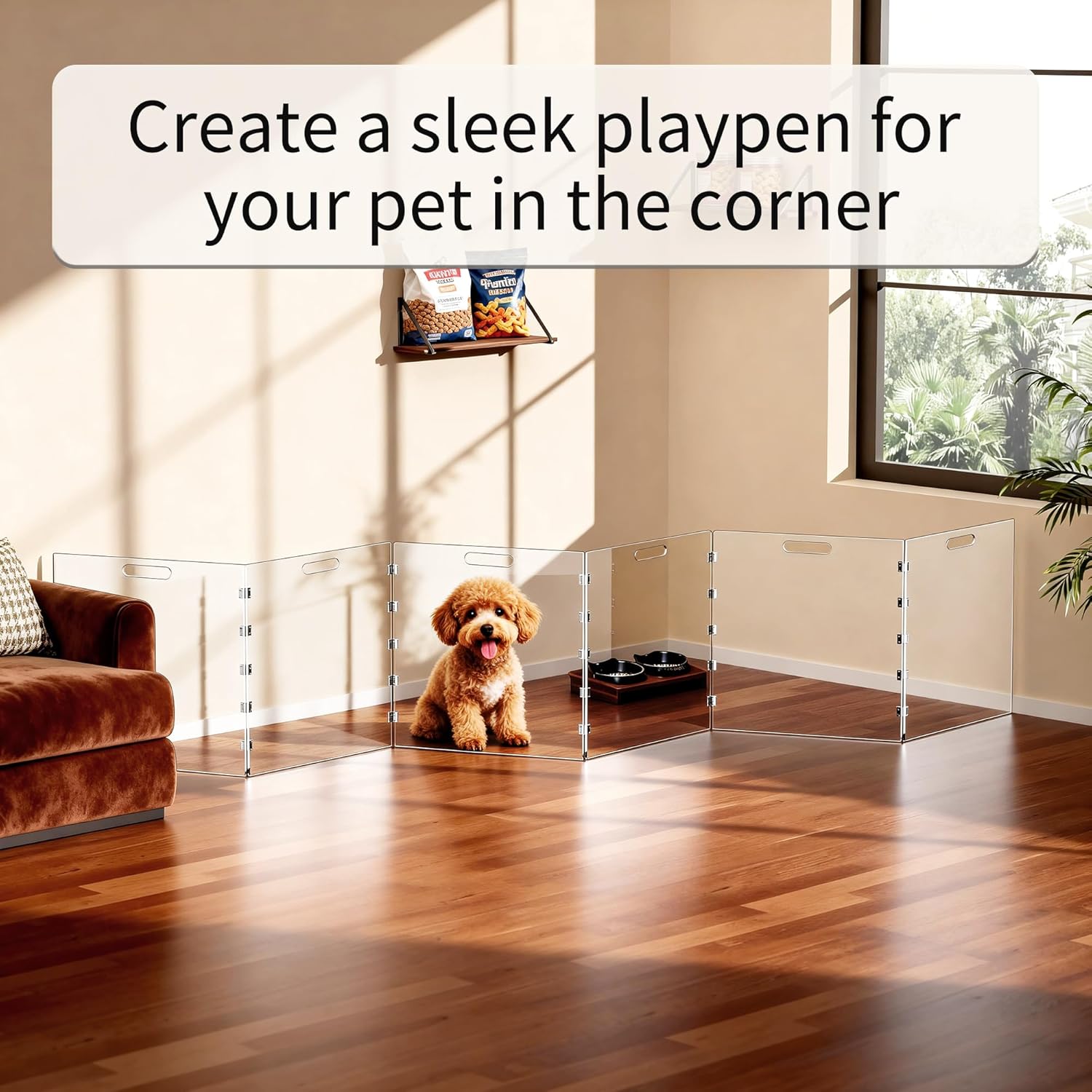 Clear Acrylic Dog Gate, Freestanding Pet Gate for Doorways Indoor, Foldable Acrylic Dog Playpen No Drilling (Clear, 6-Panel)
