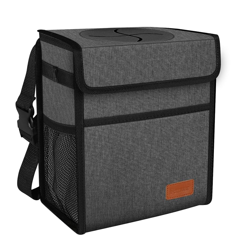 Lixeira automotiva dobrável Femuar com tampa, revestimento PEVA impermeável e bolsos, cinza-carvão, 8,5 L
