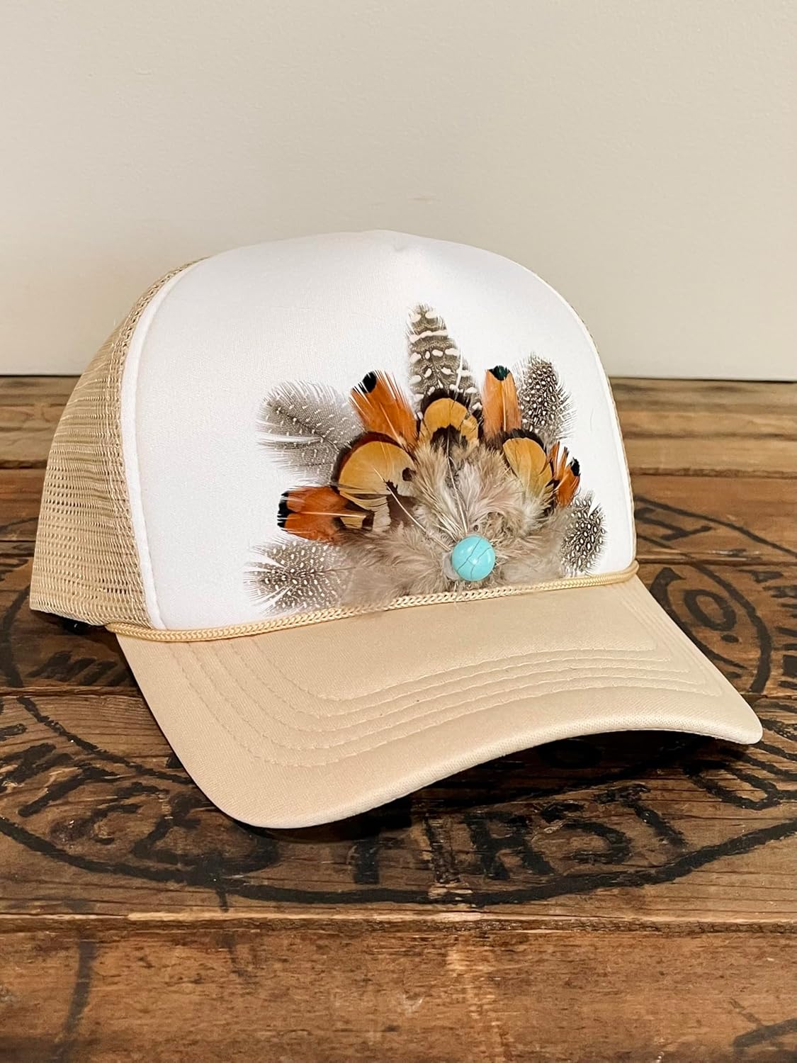 Feather Trucker Hat with Turquoise Bead, Woman's Tan and White Foam Snapback w/Rope Detail, Pheasant Feather Mesh Back hat, Boho Rodeo Western Cowgirl Cap