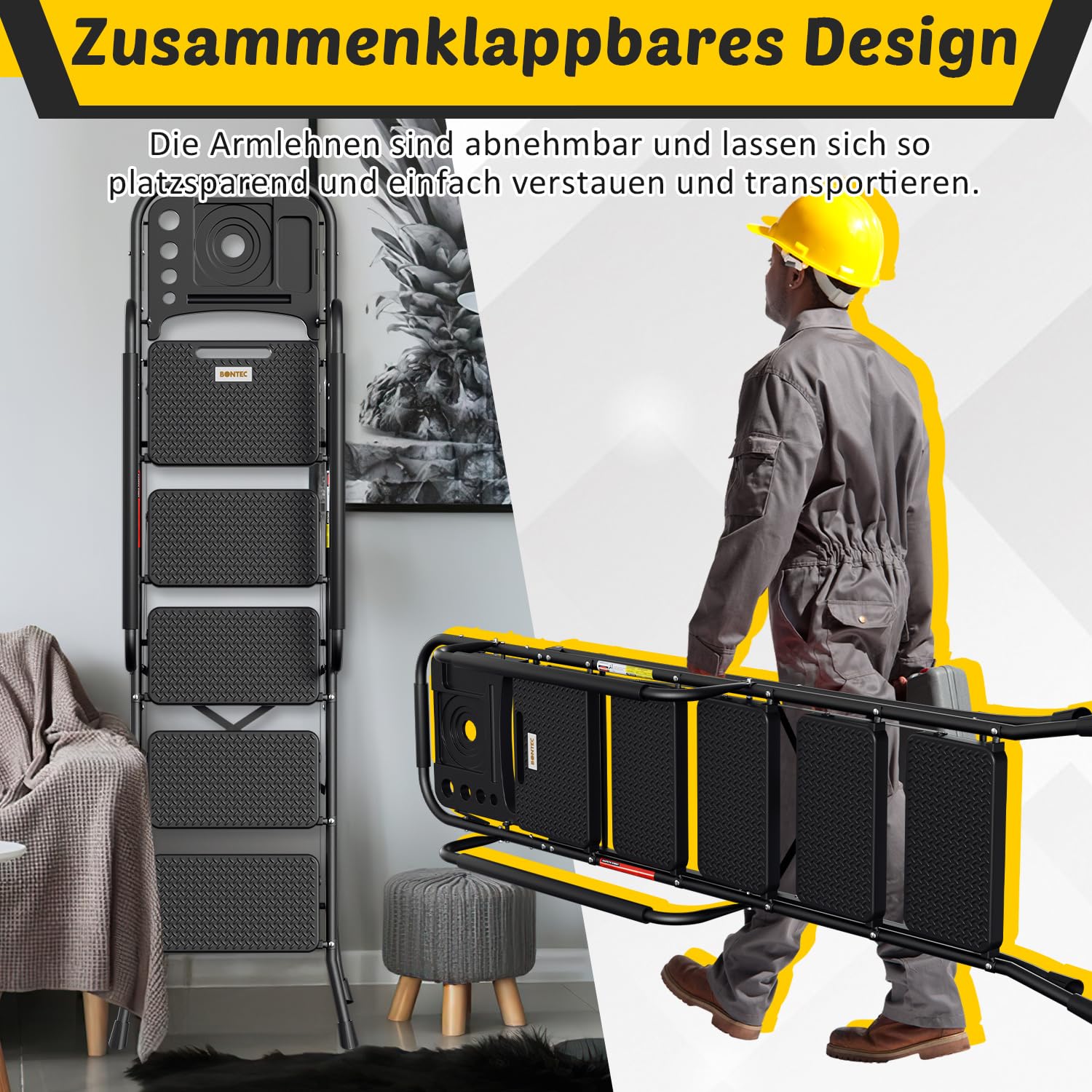 Escalera de 5 peldaños con pasamanos y bandeja para herramientas, escalera plegable para el hogar, antideslizante, hasta 150 kg, color negro, 52 x 108 x 167 cm
