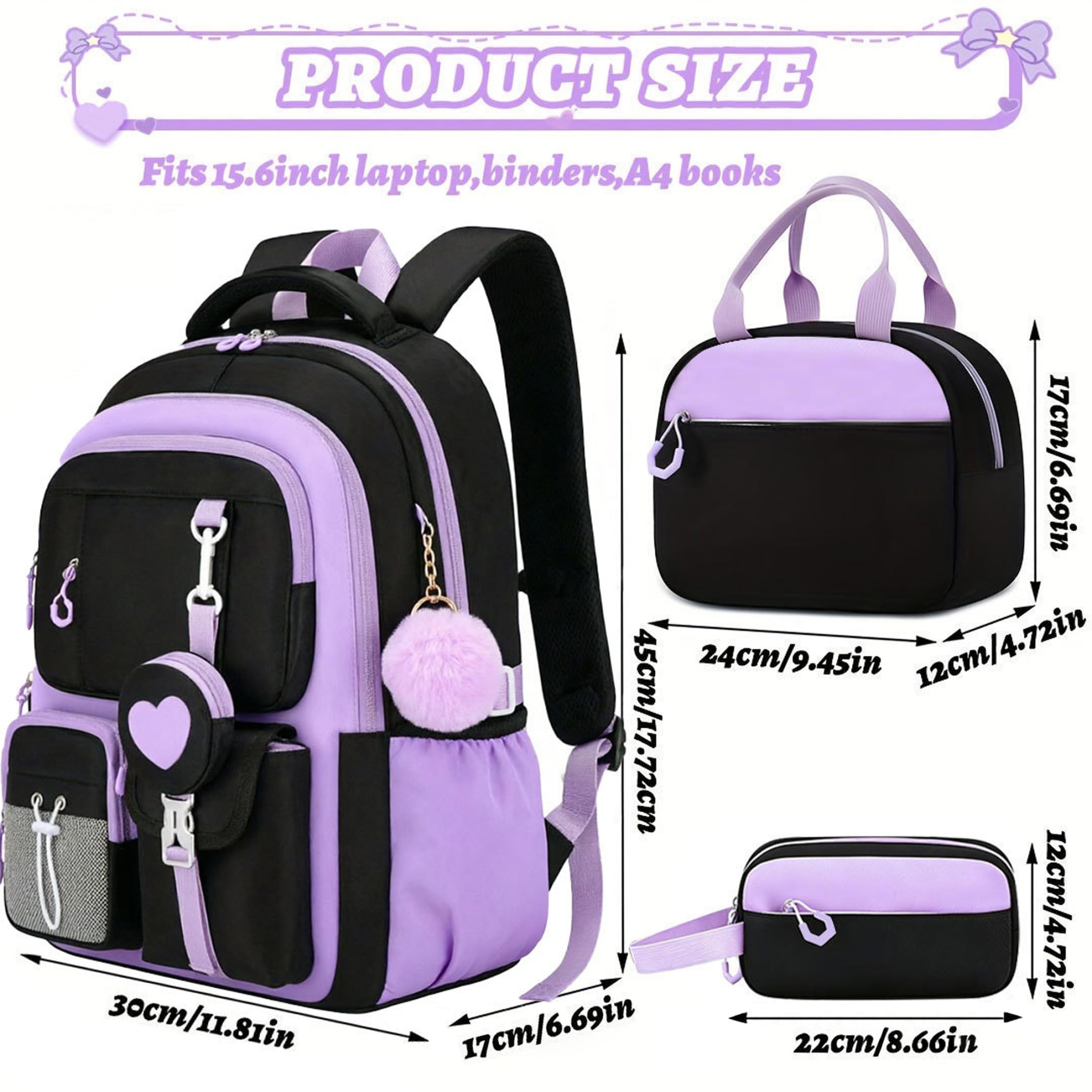 Conjunto de mochila para niñas, bolso escolar con lonchera y estuche, negro y morado