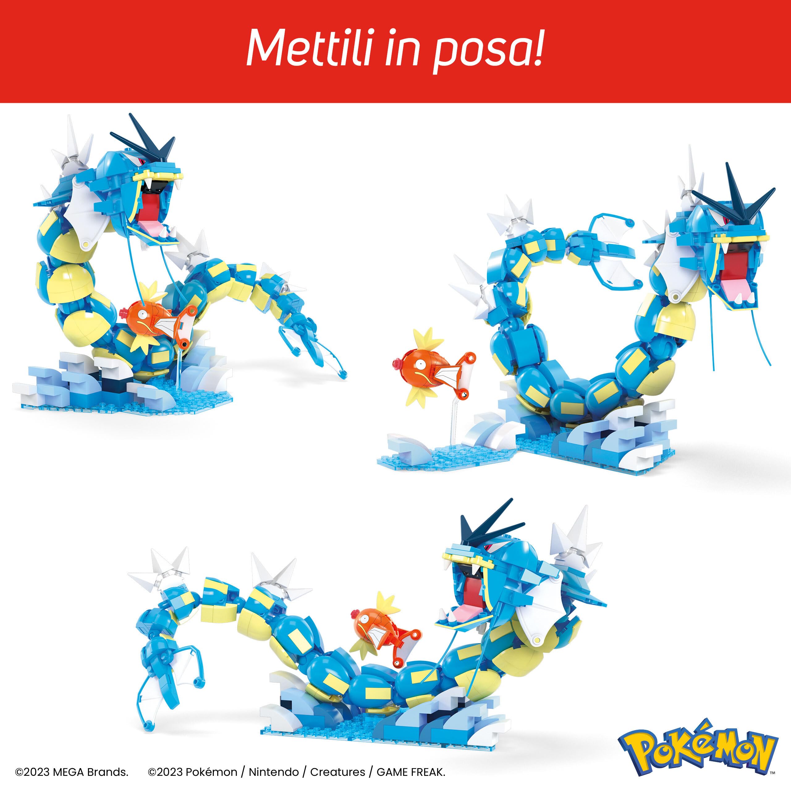 MEGA Pokémon - Set Evoluzione Magikarp, set da costruire con 411 pezzi, con personaggi Magikarp e Gyarados snodato e con 12 punti di connessione, giocattolo per bambini, 8+ anni, HNT95
