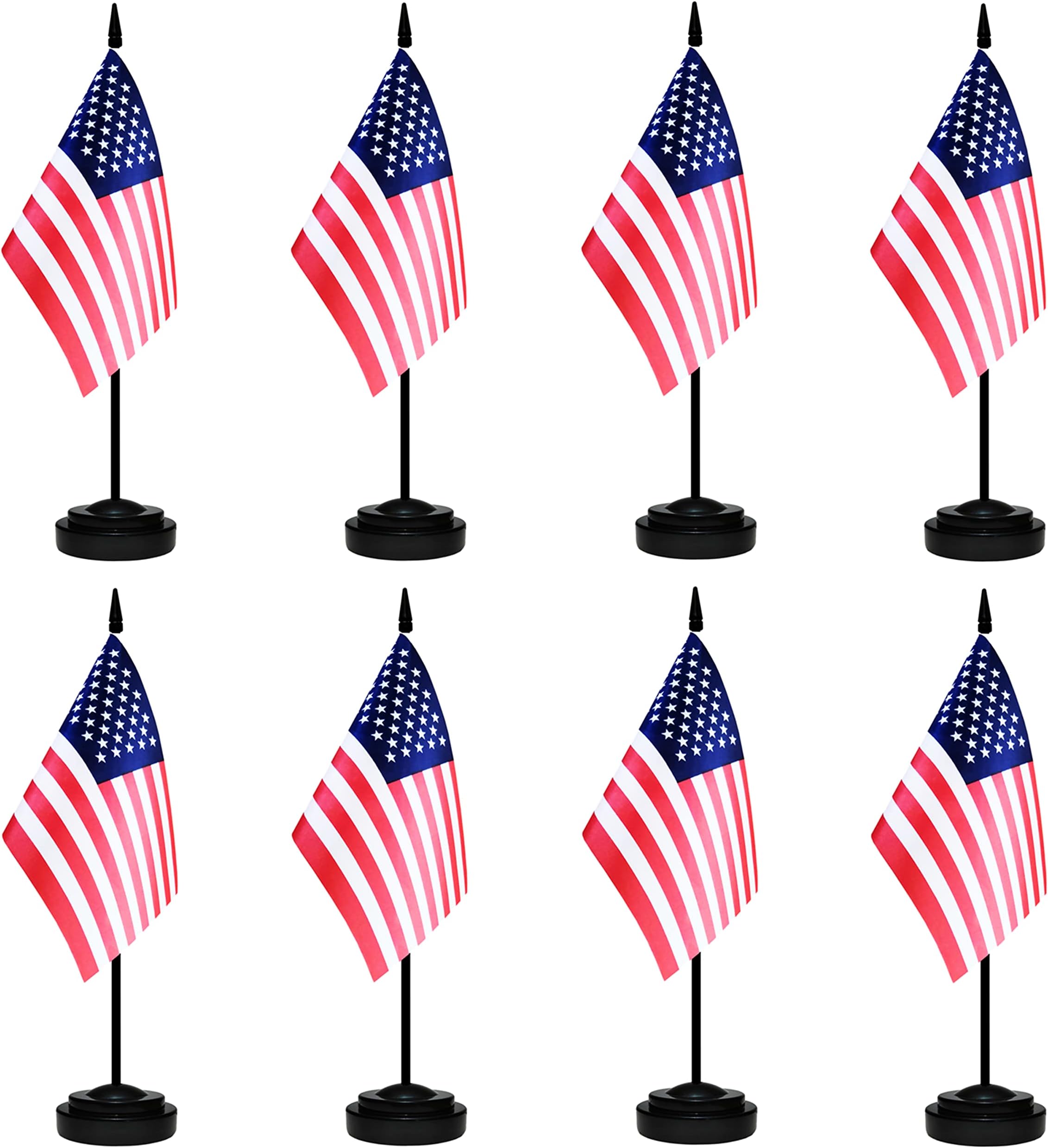 8 Pack USA Desk Flag Set, US American Small Mini Table Flags, Miniature Desktop Flag With 12" Solid Black Pole , Black Base, Small Mini Desktop Flag, Office Decoration, Home Decoration, Festival Celebrations (8 Pack Black Pole USA)