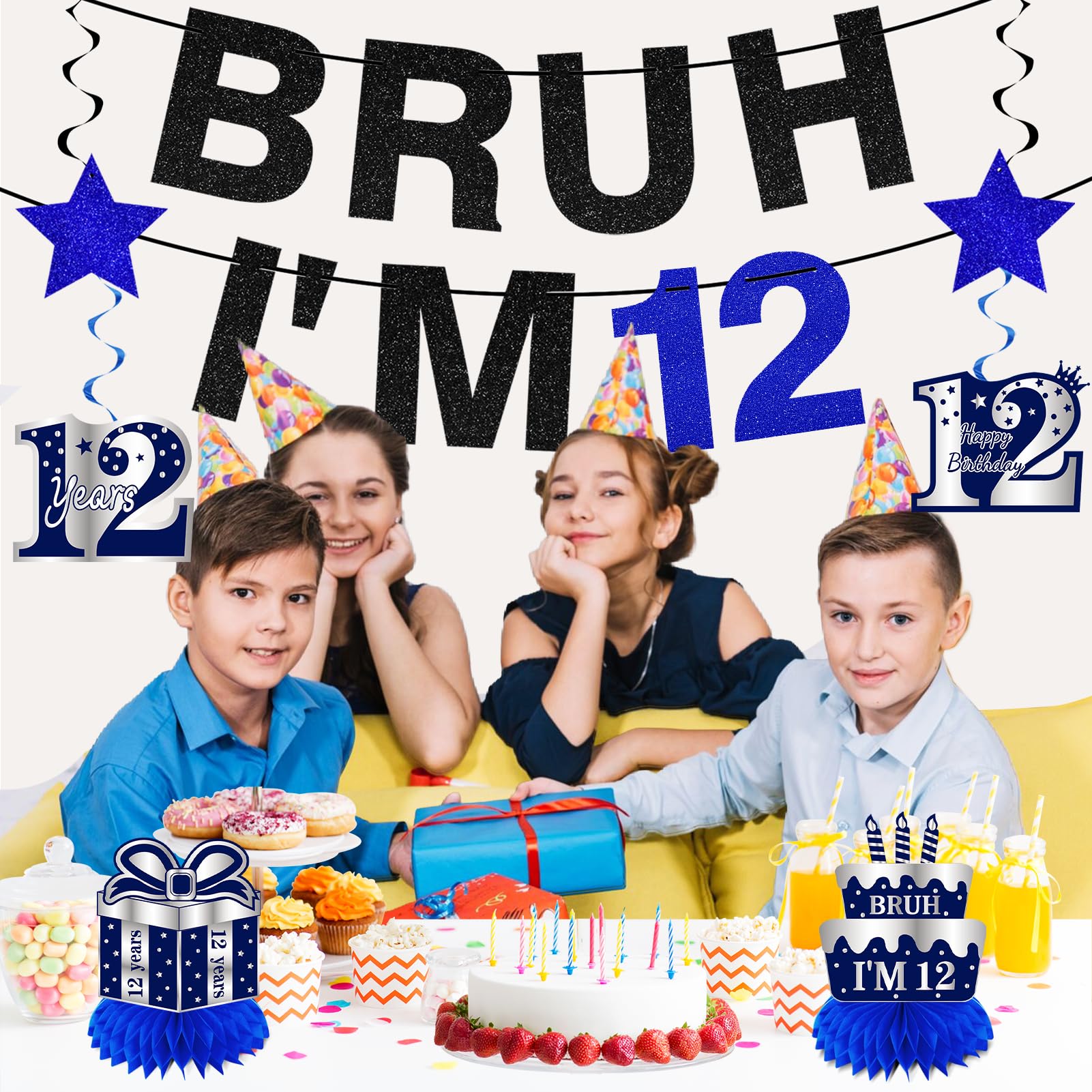 Kuxriox 11 szt. dekoracje na 12. urodziny dla chłopców mężczyzn, niebieski srebrny baner Happy 12th Birthday, Bruh I'm 12 balonów, artykuły imprezowe, baner na dwanaście urodzin, tabliczka na stół