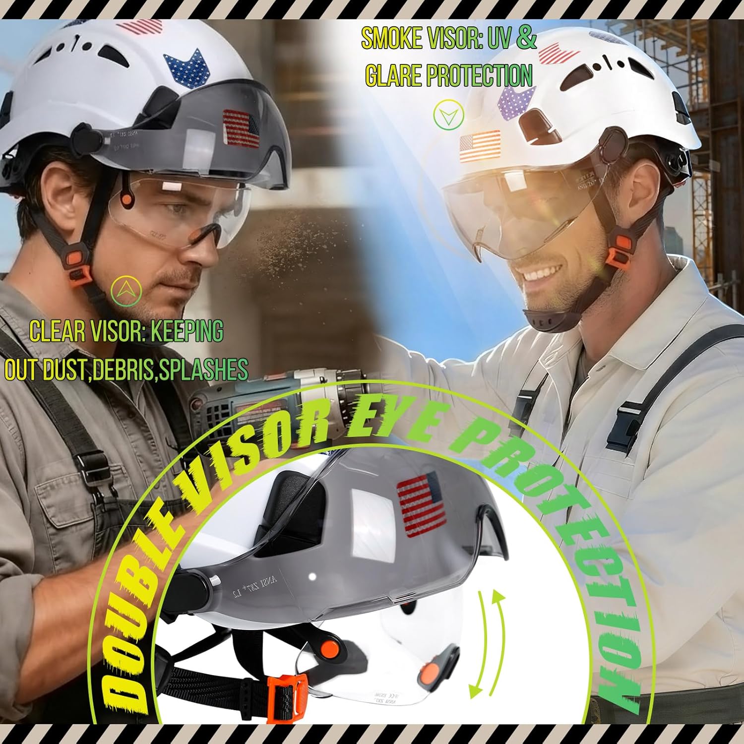 Hard Hats Construction OSHA Approved With Double Visor - Cascos De Construccion Vented Hard Hat With Clear and Tinted Visor Construction Safety Helmet Hat With Chin Straps 6pt Suspension - Image 3