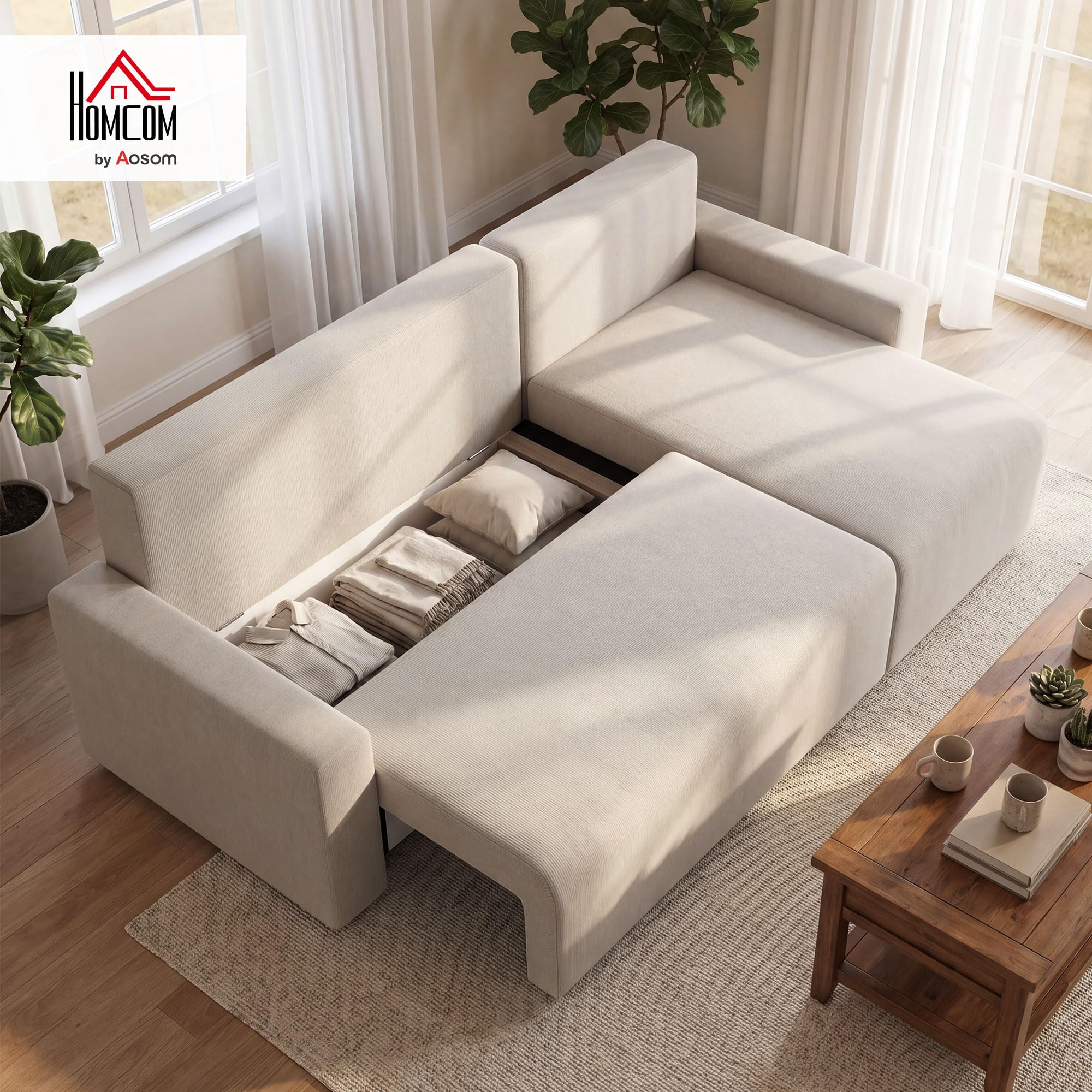 HOMCOM Ecksofa L-Form mit Schlaffunktion Umkehrbarer Chaiselongue Beige | 3-Sitzer Sofa, 2-in-1 Schlafsofa, Veloursbezug, Schlafcouch für Wohnzimmer, Hergestellt in der EU