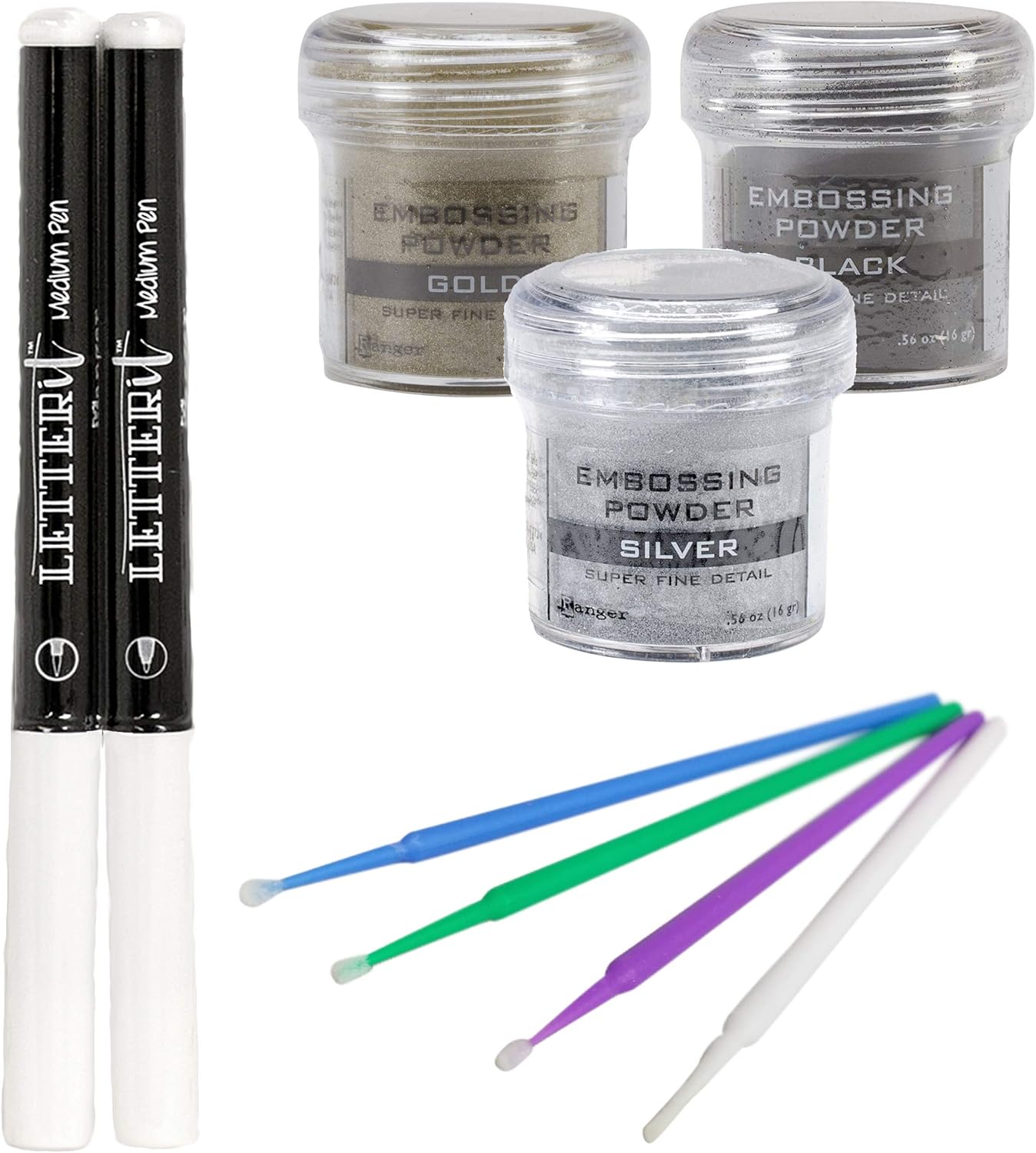 Ranger Letter It Medium Pen Set - Brush & Bullet Tip - Embossing Powder Gold, Black, Silver - 4 Exclusive Purple Turtle Detail Picks