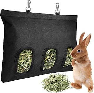Rabbit Hay Feeder, Bunny Hay Bag for Rabbits, 3 Holes Large Capacity 600D Oxford Cloth Fabric Hanging Hay Feeder Bag for Small Animal (Black)
