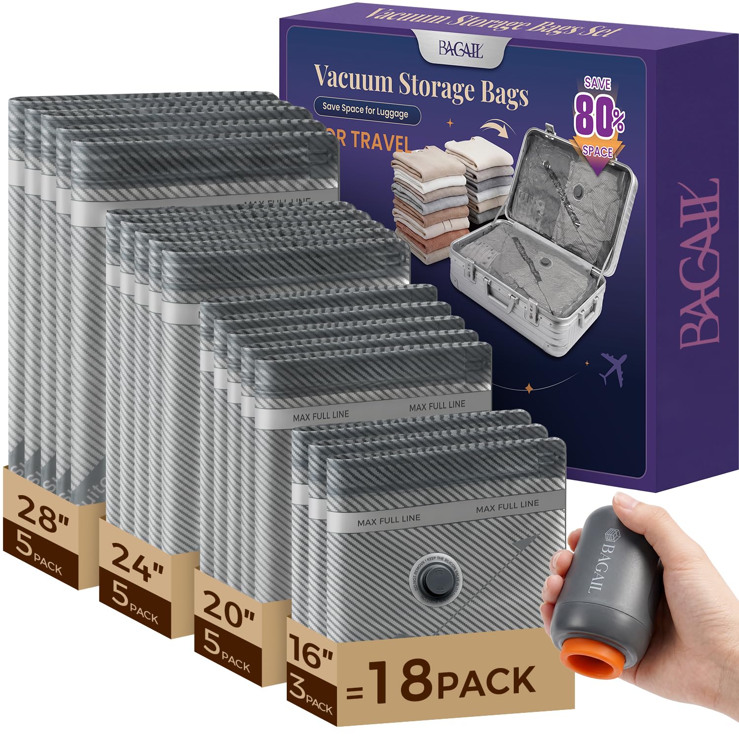 BAGAIL Vakuum-Aufbewahrungsbeutel für Reisen mit akkubetriebener kabelloser elektrischer Pumpe, vakuumversiegelnde Kompressions-Beutel für Kleidung, 18er-Pack