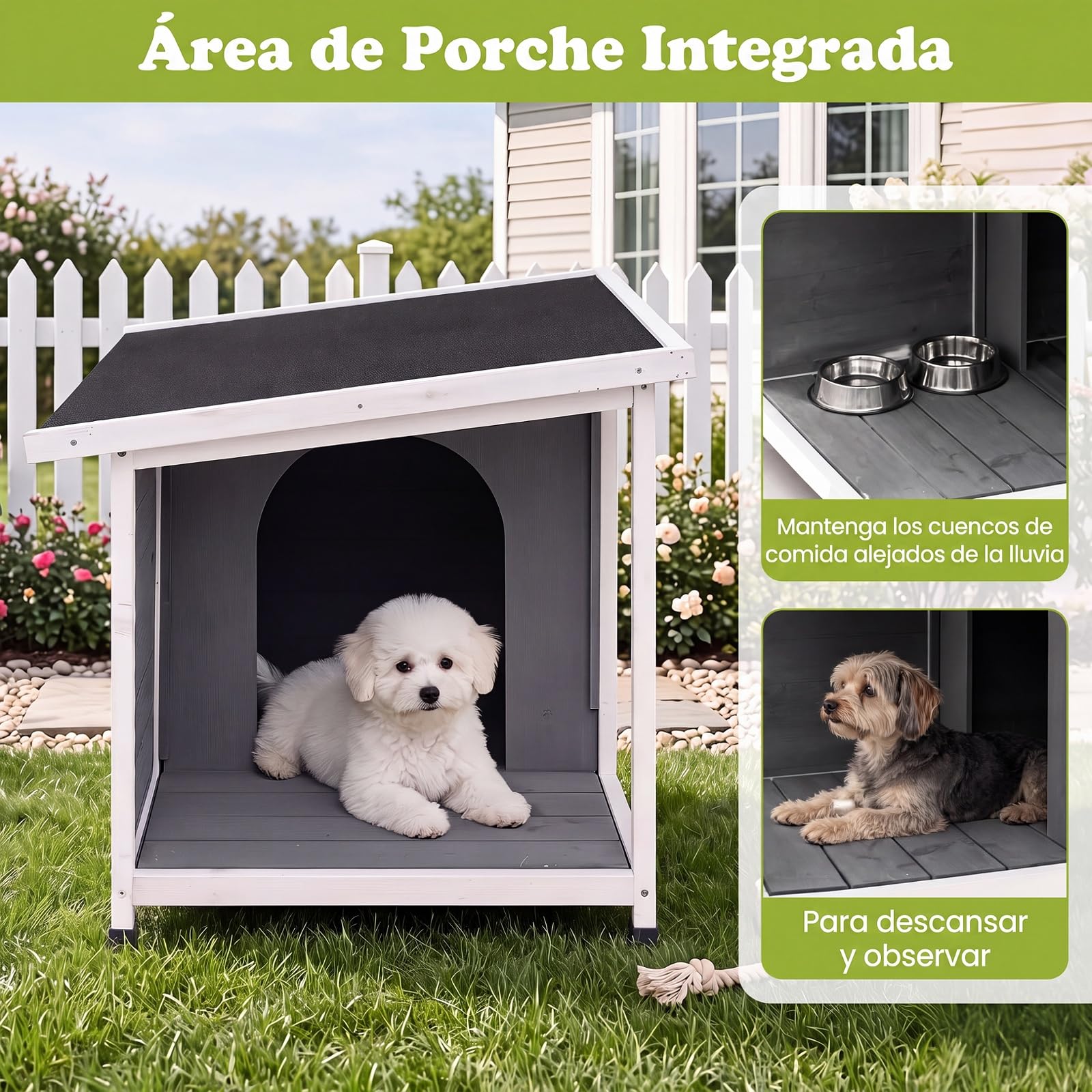 COSTWAY Casa para Mascotas Impermeable con Porche, 86 x 63 x 60 cm | Caseta para Perros con Techo de Asfalto Inclinado Abatible, Base Elevada y Ventana, Perrera Refugio para Interior Exterior