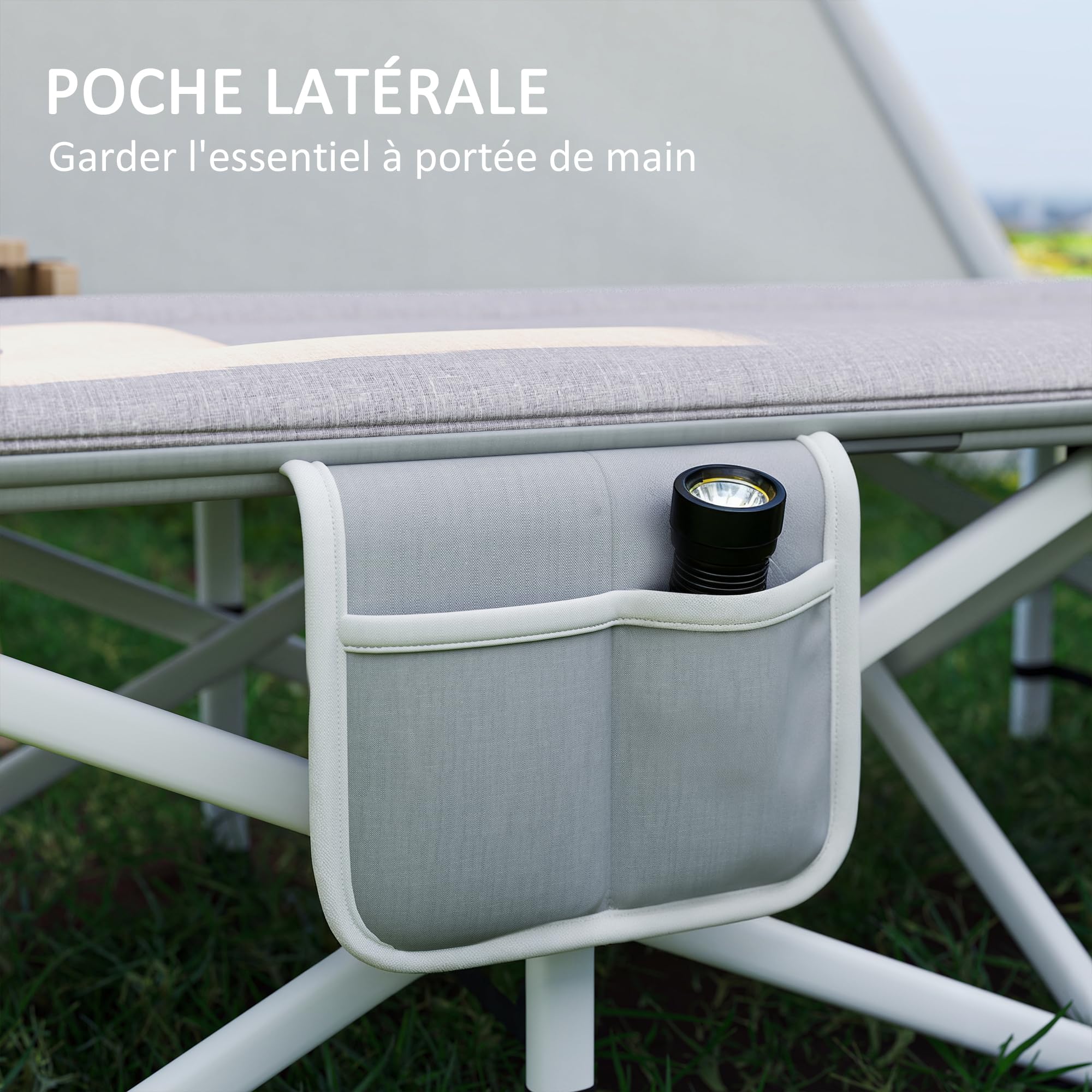 Outsunny Lit de Camping Pliable avec Matelas 185L x 65l x 37H cm Gris | Transat Chaise Longue, Sac de Rangement Intégrée, Jusqu'à 200 kg