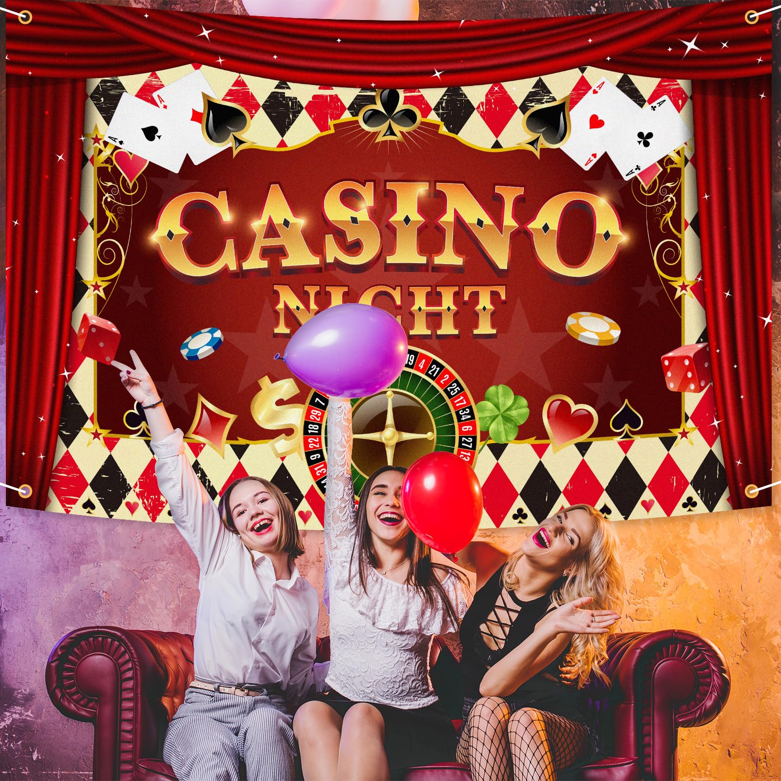 Casino-Fotohintergrund Rund – Polyester, Ø 2,2 M, Mit Las Vegas Design – Für Geburtstag, Pokerabend & Fotoshooting