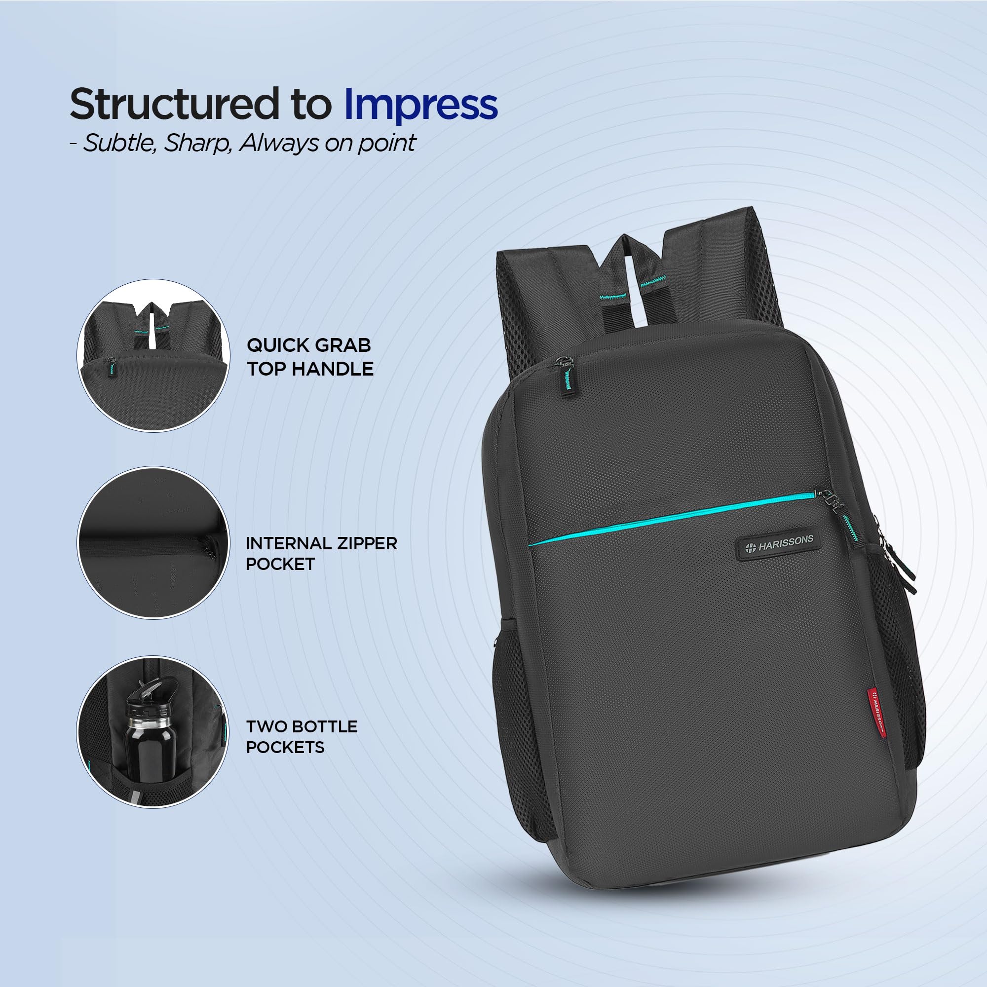 HARISSONS Nemesis 15.6 Inch Semi-Formal Laptop Backpack for Men & Women | Dual Bottle Holders, Reflectors for Night Commute | Lightweight 25L Office Bag | Trolley Sleeve Compatible 2