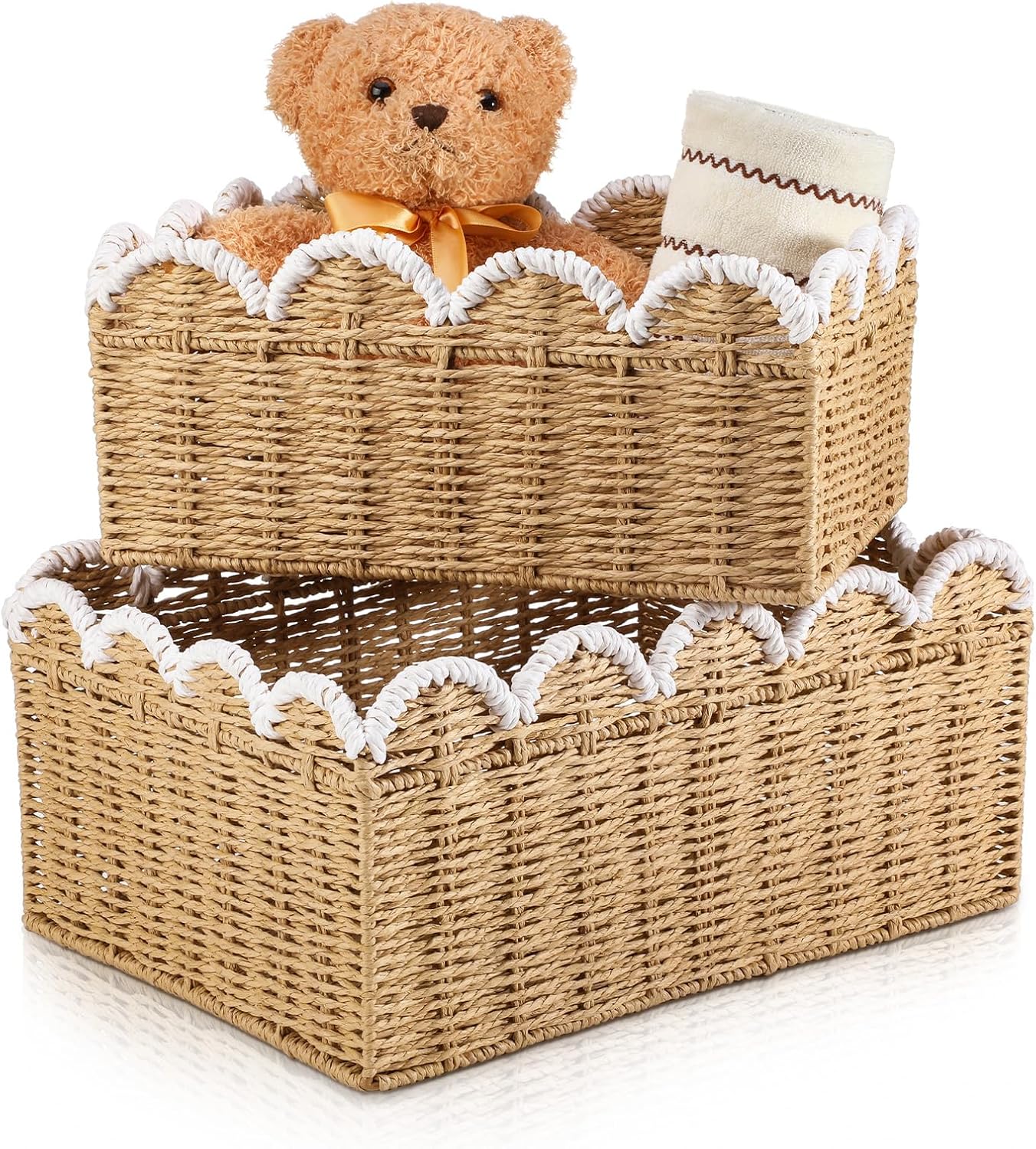 2 Pack Scalloped Wicker Baskets Hand-woven Rattan Basket Paper Rope Scalloped Woven Water Hyacinth Bin for Nursery Bedroom Organizing Decor, 10.6x15x6.7&6x13x8.7in