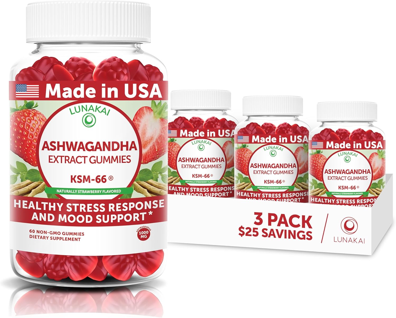 Lunakai USA Made KSM-66 Ashwagandha Gummies for Women & Men – Daily Vegan Supplement for Stress, Mood & Sleep Support – 3 Pack