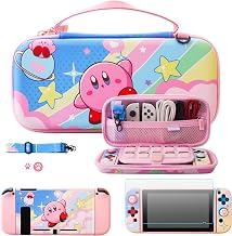 Pink Carrying Case for Nintendo Switch, Cute Portable Travel Bag for Kirby with 10 Game Card Slots, Soft TPU Protective Cover with Screen Protector, Storage Case for NS Console & Accessories