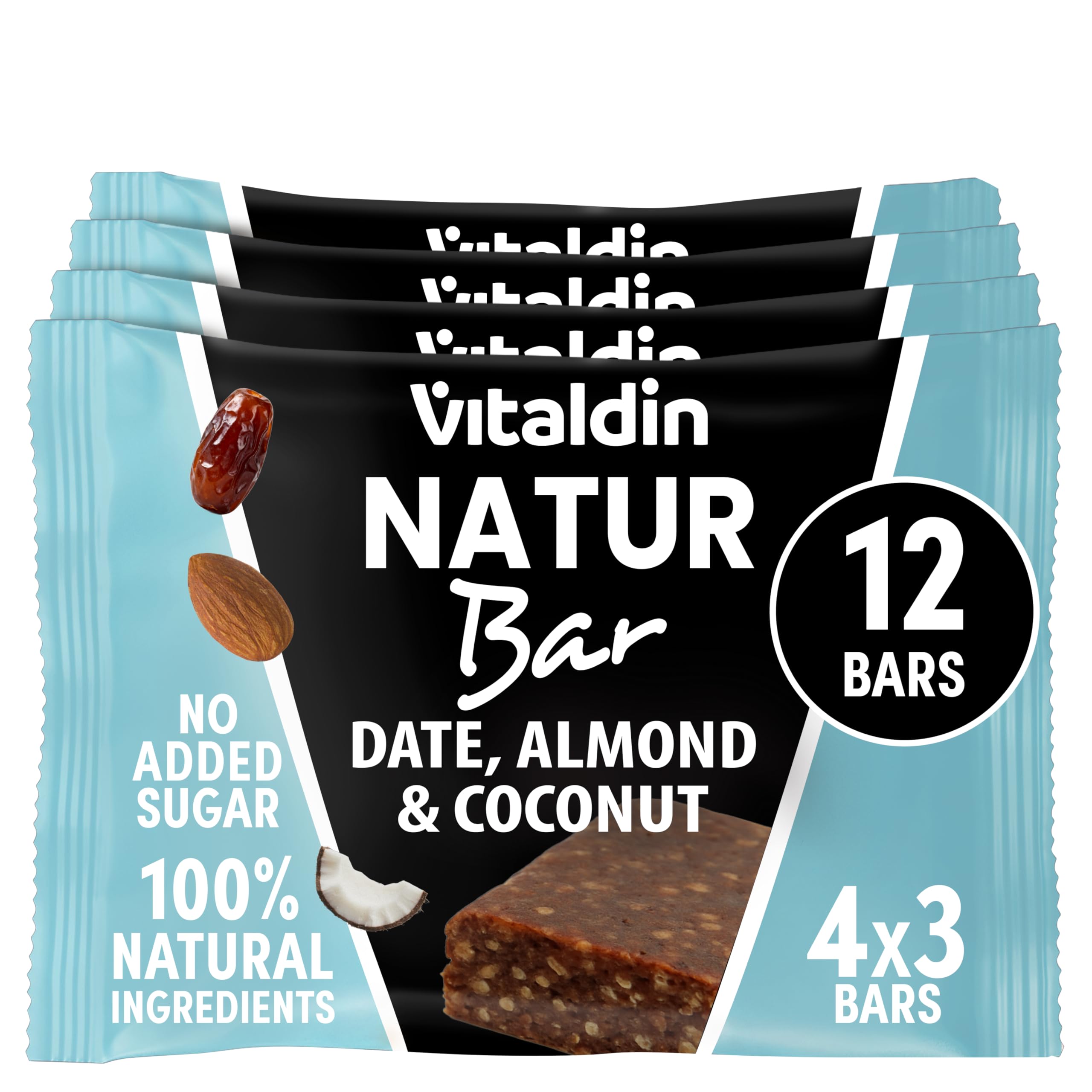 VITALDIN Barrette Energetiche Natur Bar Mandorla e Cocco – Senza Zuccheri Aggiunti e Vegane – Barrette Naturali con Datteri e Frutta Secca – Confezione da 12 x 40g