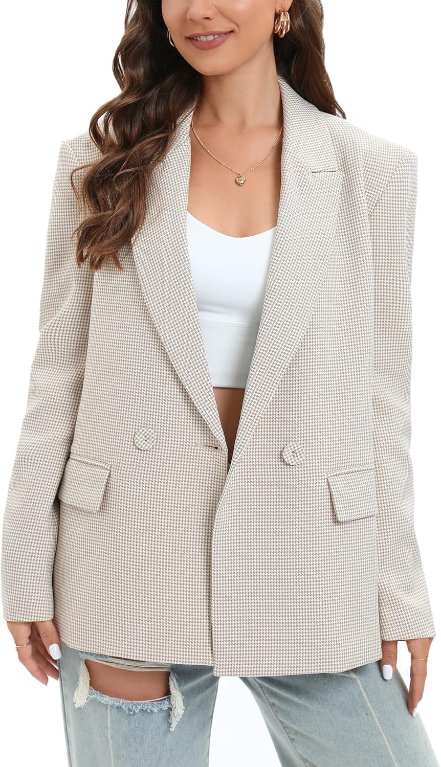 TRNY Women's Oversized Double-Breasted Suit Blazer Jacket Long Sleeve Casual Boyfriend Style Work Office Blazer with Pockets