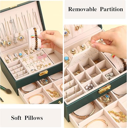 Miniatura 5 de MXJOJO - Caja organizadora de joyas con cerradura de doble capa para mujeres, cajas grandes de cuero para aretes, pulseras, anillos, collares,