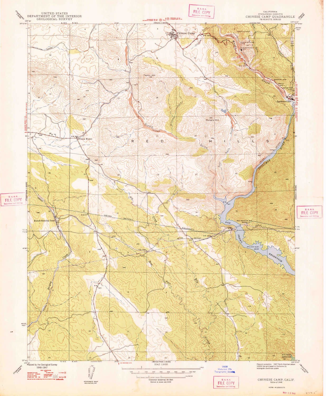 YellowMaps Chinese Camp CA topo map, 1:24000 Scale, 7.5 X 7.5 Minute, Historical, 1948, 26.7 x 22 in - Tyvek
